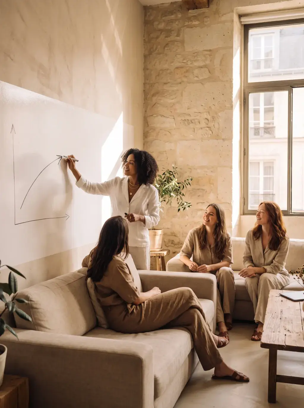 Femme noire présentant une stratégie au tableau devant son équipe