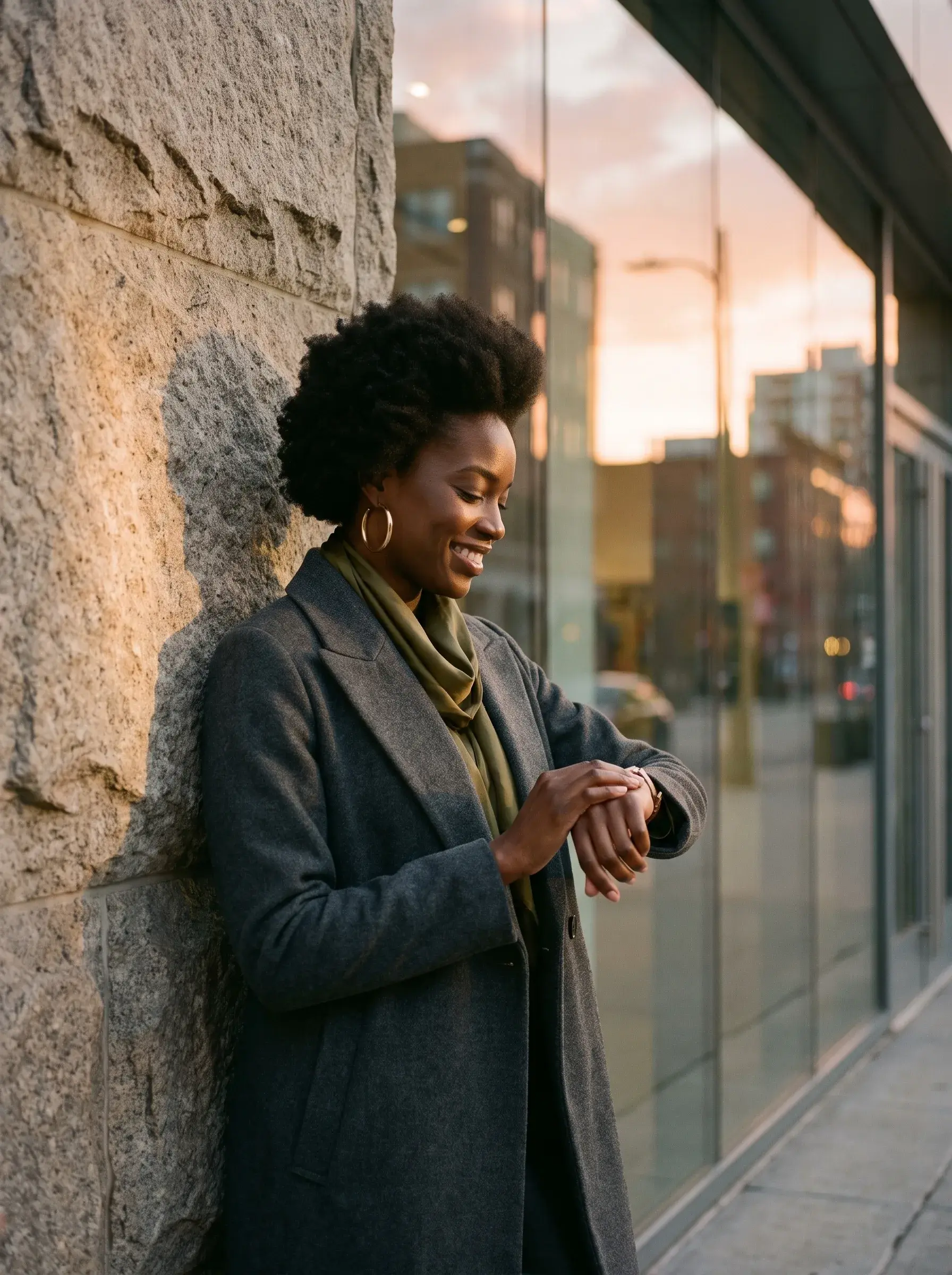 Femme noire regardant sa montre dans une rue au coucher du soleil