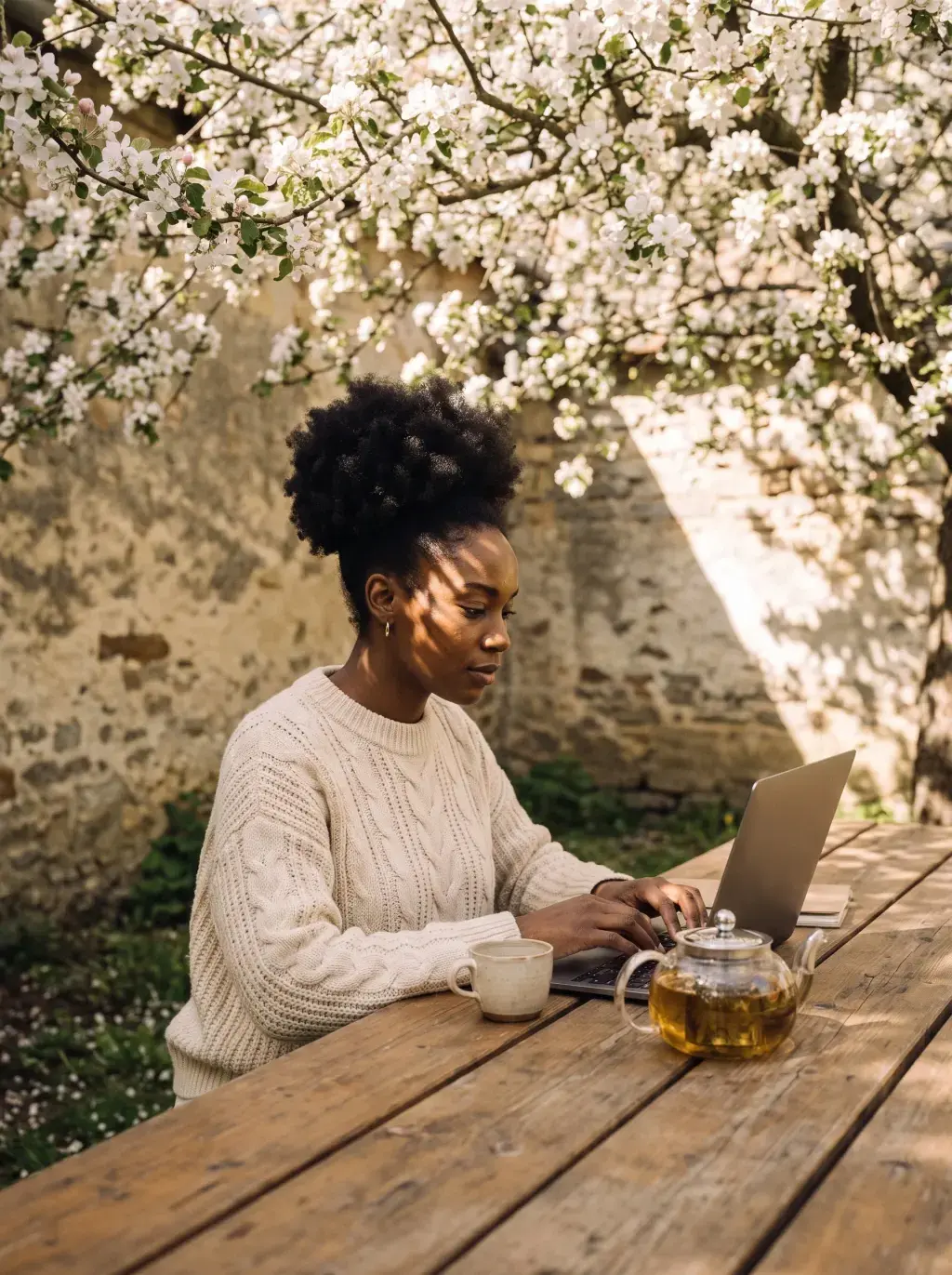 Femme noire travaillant sur laptop sous un cerisier en fleurs dans un jardin