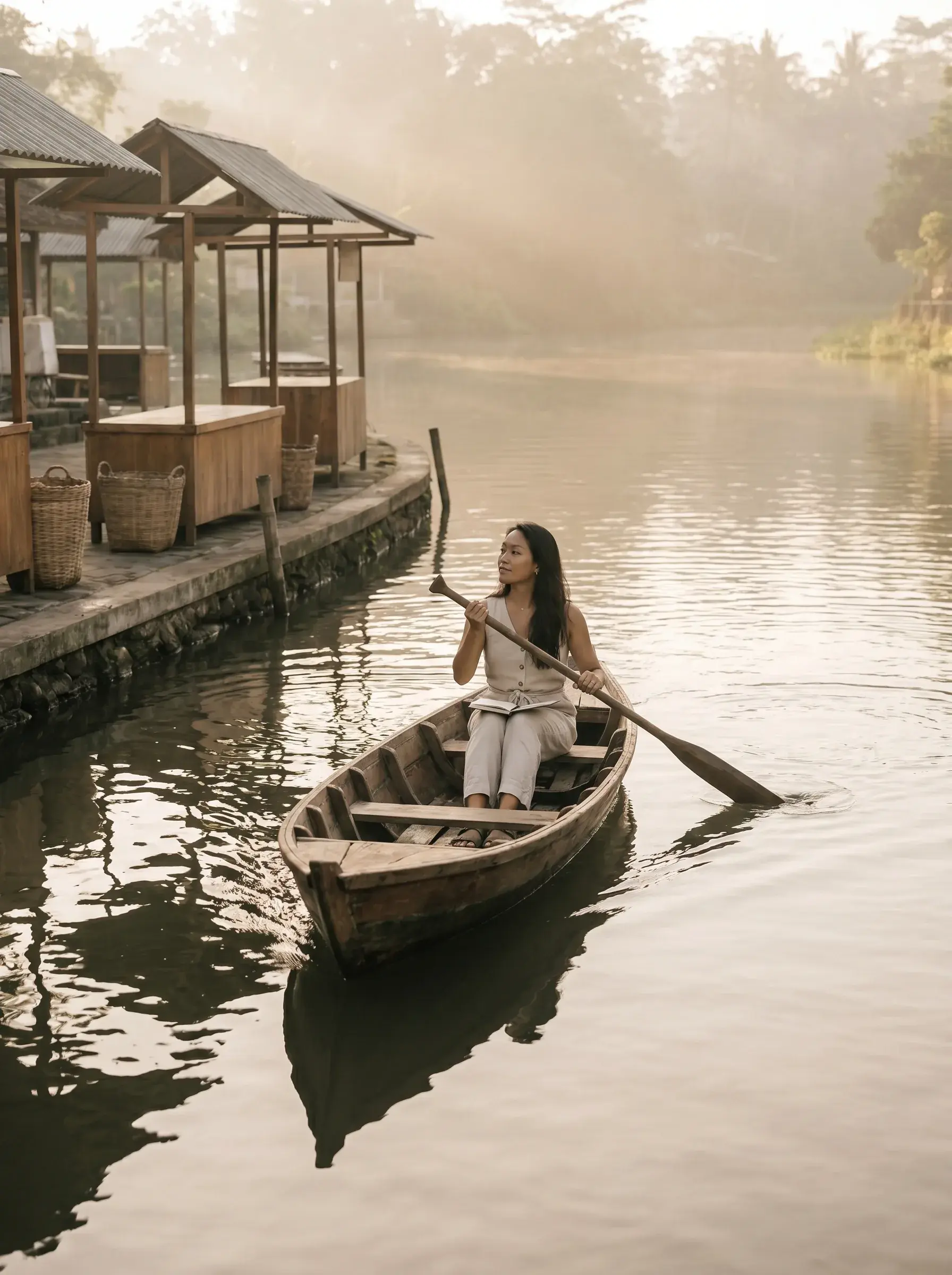 Femme pagayant seule dans une pirogue en bois sur lac brumeux à l'aube, maisons flottantes et pier bambou en fond
