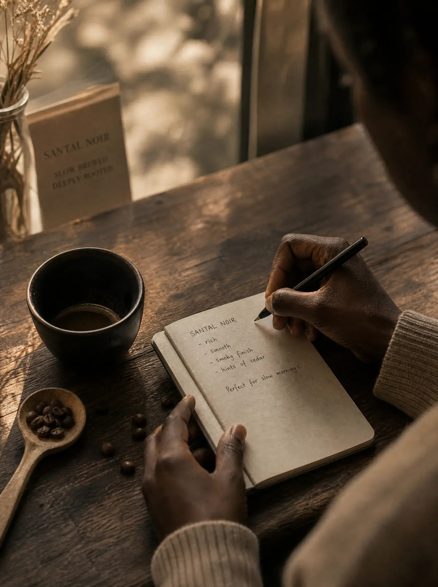Femme prenant notes de dégustation café – carnet, tasse noire, cuillère grains, fenêtre, lumière chaude