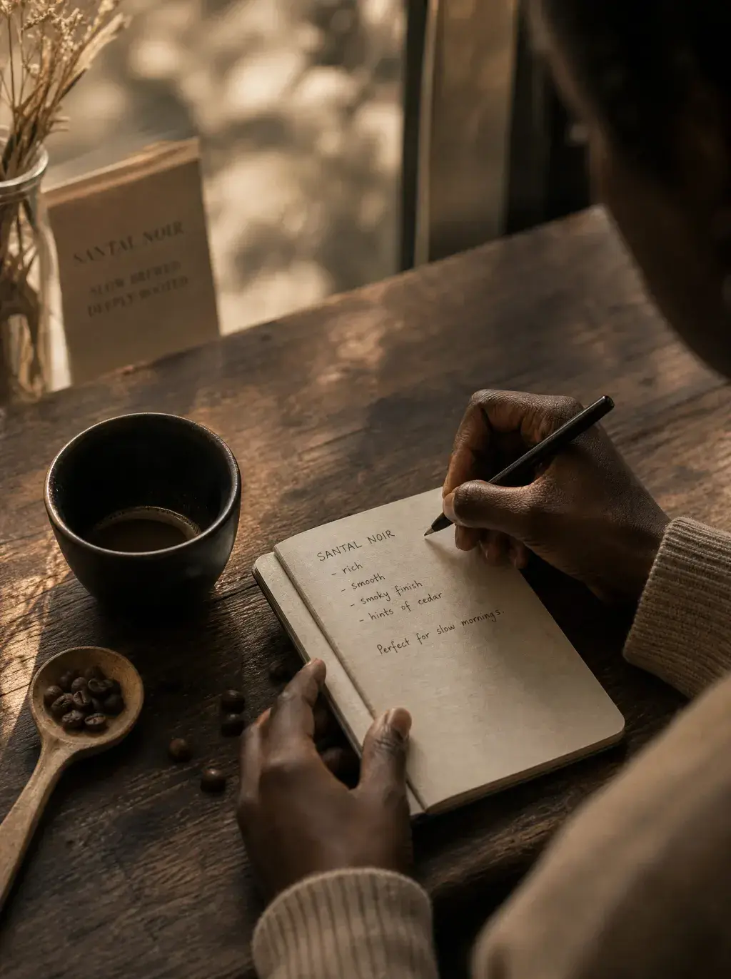 Femme prenant notes de dégustation café – carnet, tasse noire, cuillère grains, fenêtre, lumière chaude