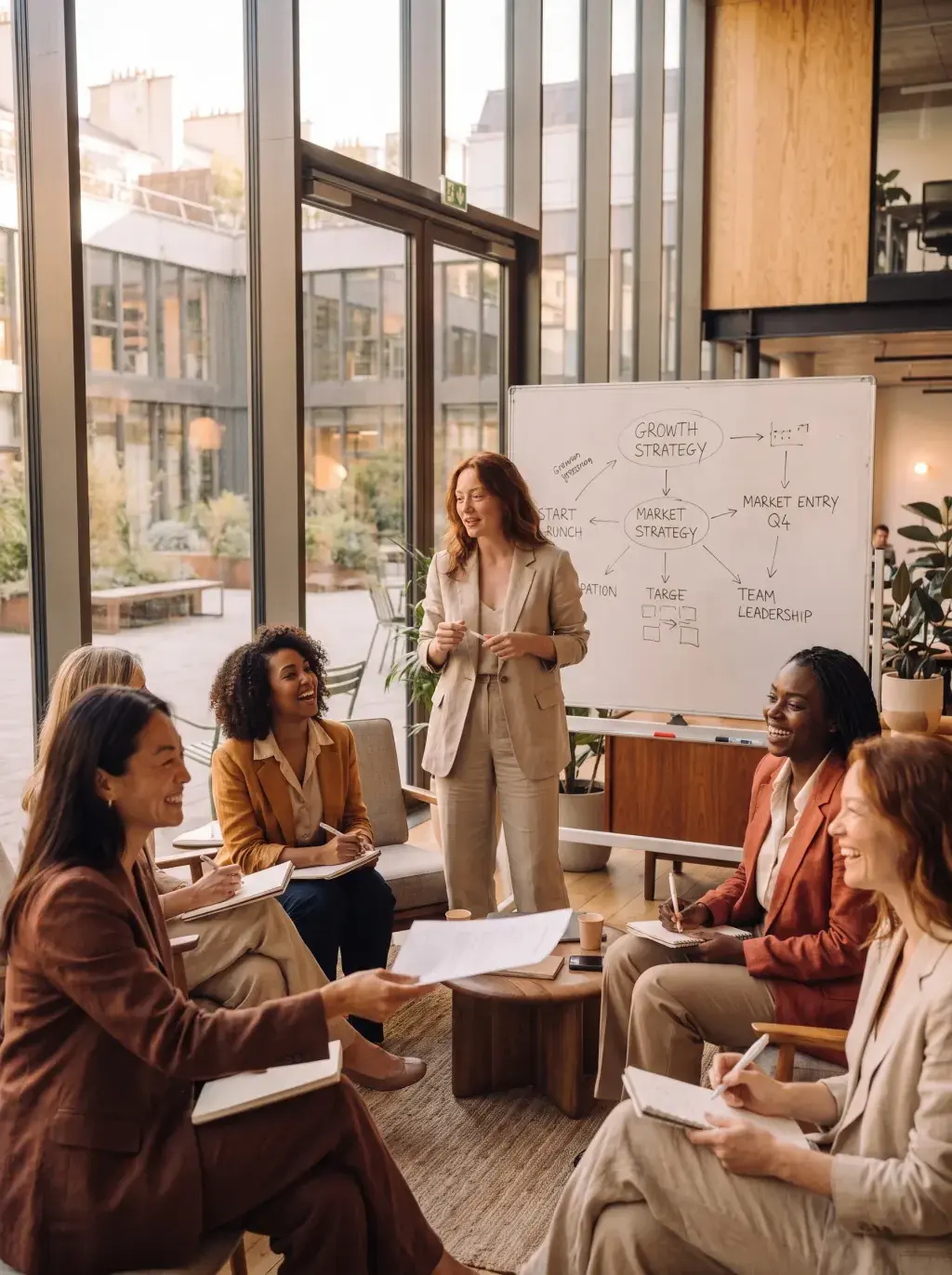 Femme présentant une stratégie de croissance sur tableau blanc devant son équipe dans un coworking