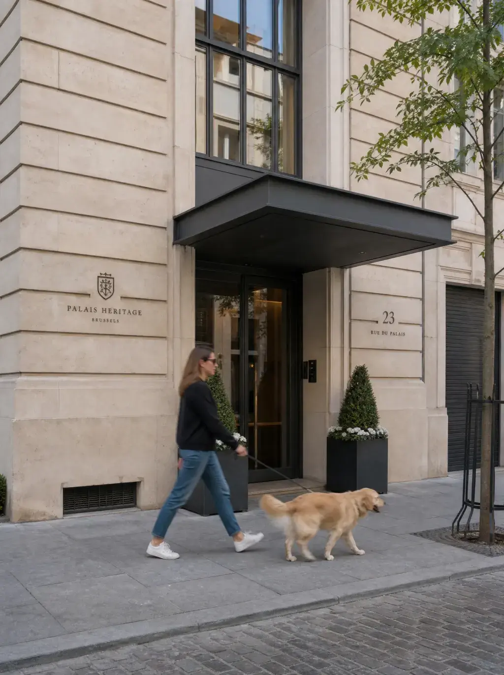 Femme promenant son golden retriever devant la façade de l'agence Palais Heritage Brussels au 23 rue du Palais