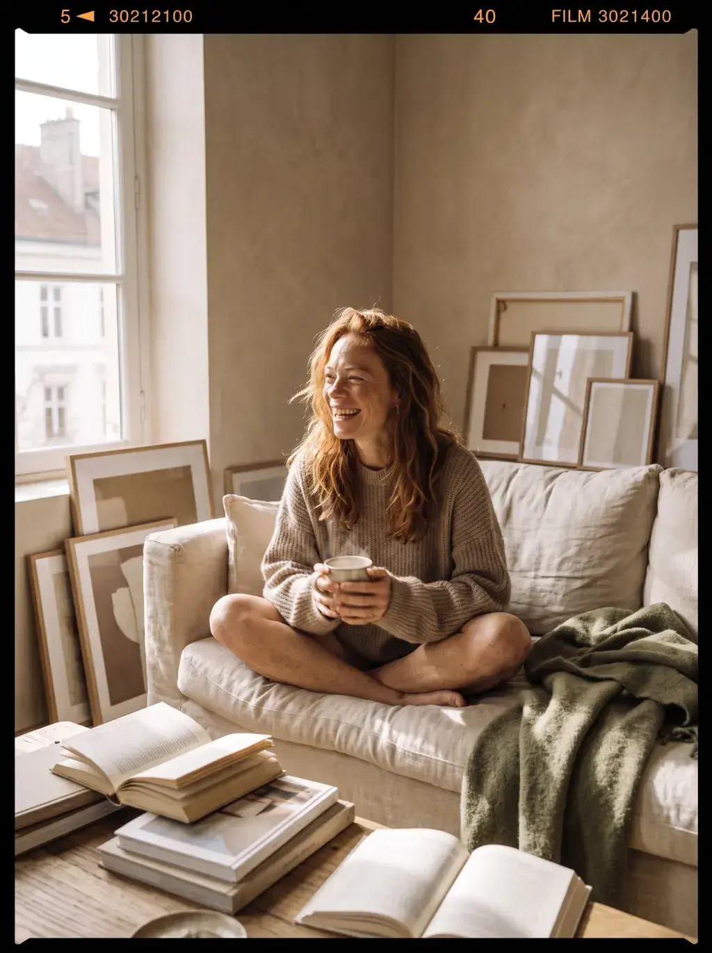 Femme rousse détendue sur un canapé avec une tasse et des livres