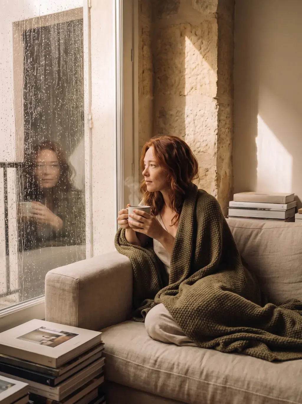 Femme rousse enveloppée dans une couverture verte regardant la pluie