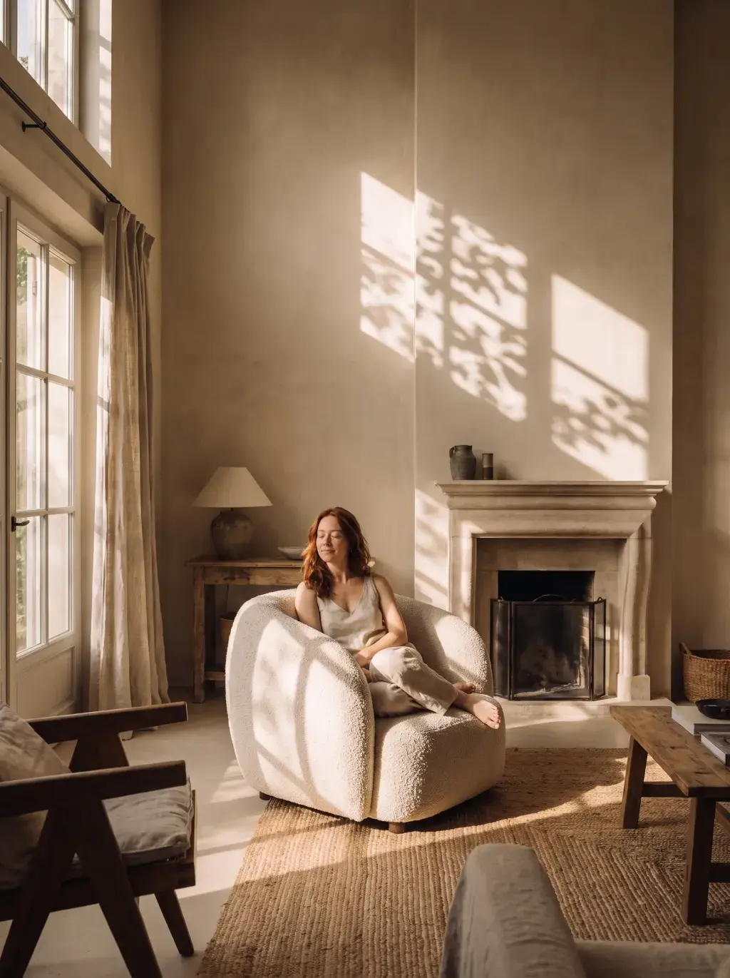 Femme rousse méditant dans un salon provençal avec ombres de feuilles