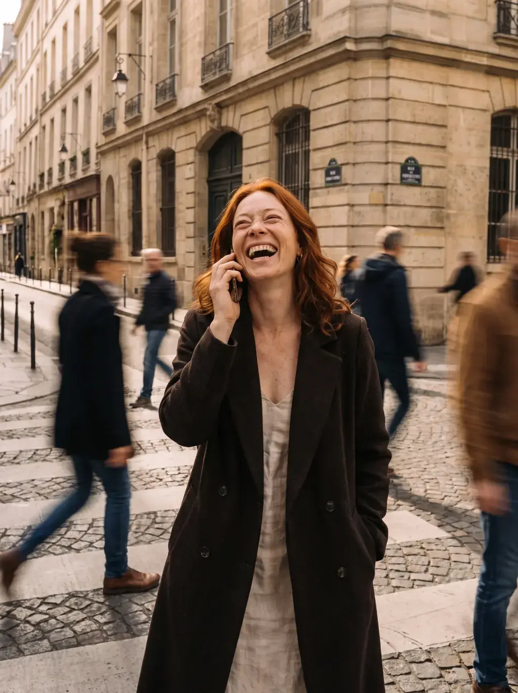 Femme rousse riant au téléphone sur une rue pavée parisienne animée