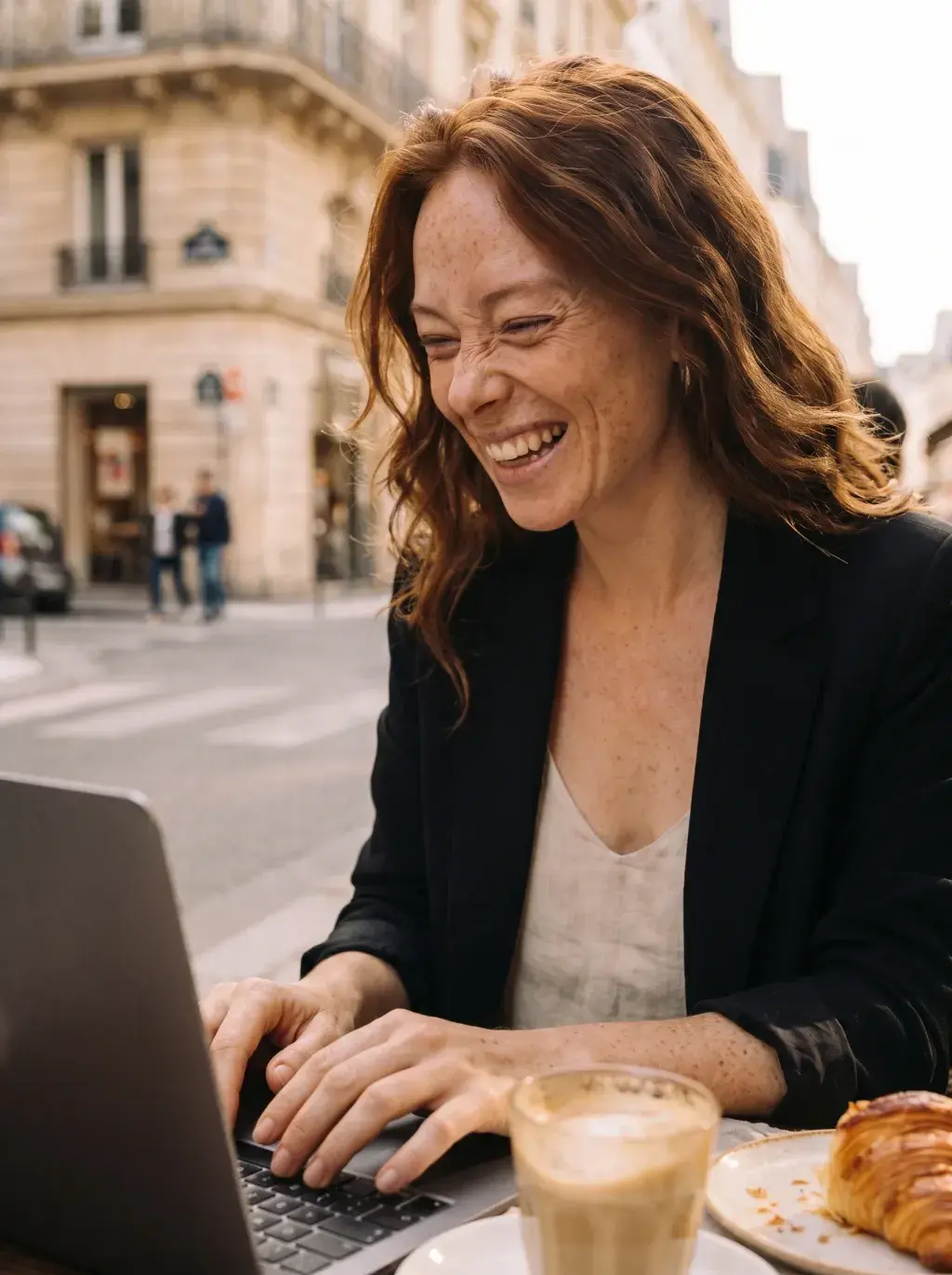 Femme rousse riant devant son laptop en terrasse parisienne avec café et croissant