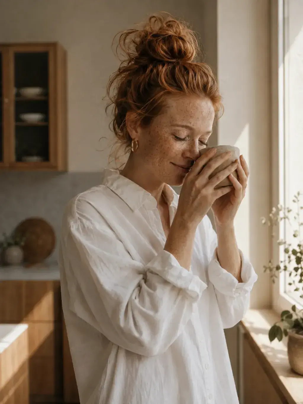Femme rousse savourant sa tasse dans une cuisine lumineuse