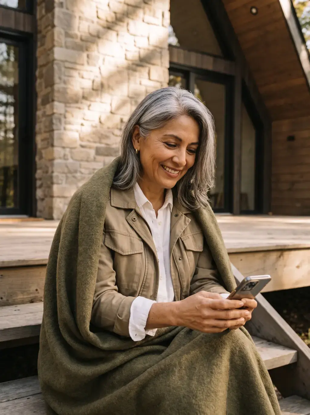 Femme senior aux cheveux gris souriante avec son téléphone sur les marches d'un chalet