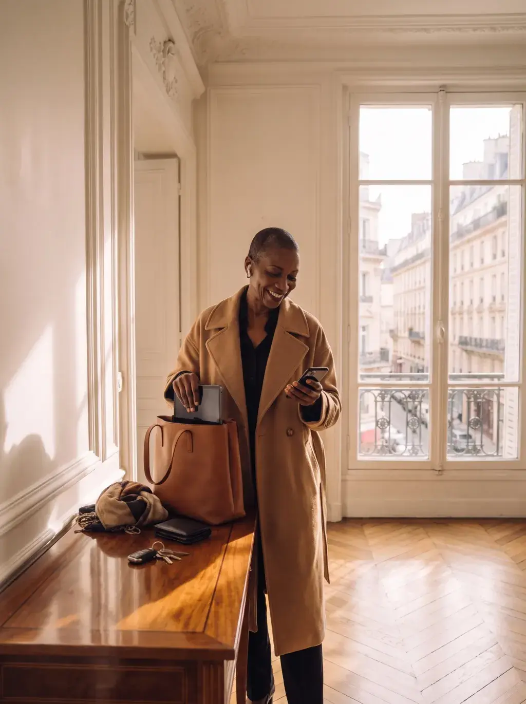 Femme senior noire en manteau camel consultant son téléphone dans un appartement parisien