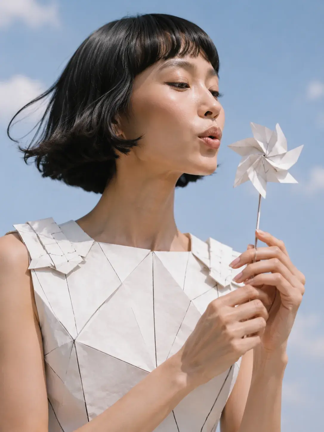 Femme soufflant sur moulinet en papier – portrait en robe origami et ciel bleu