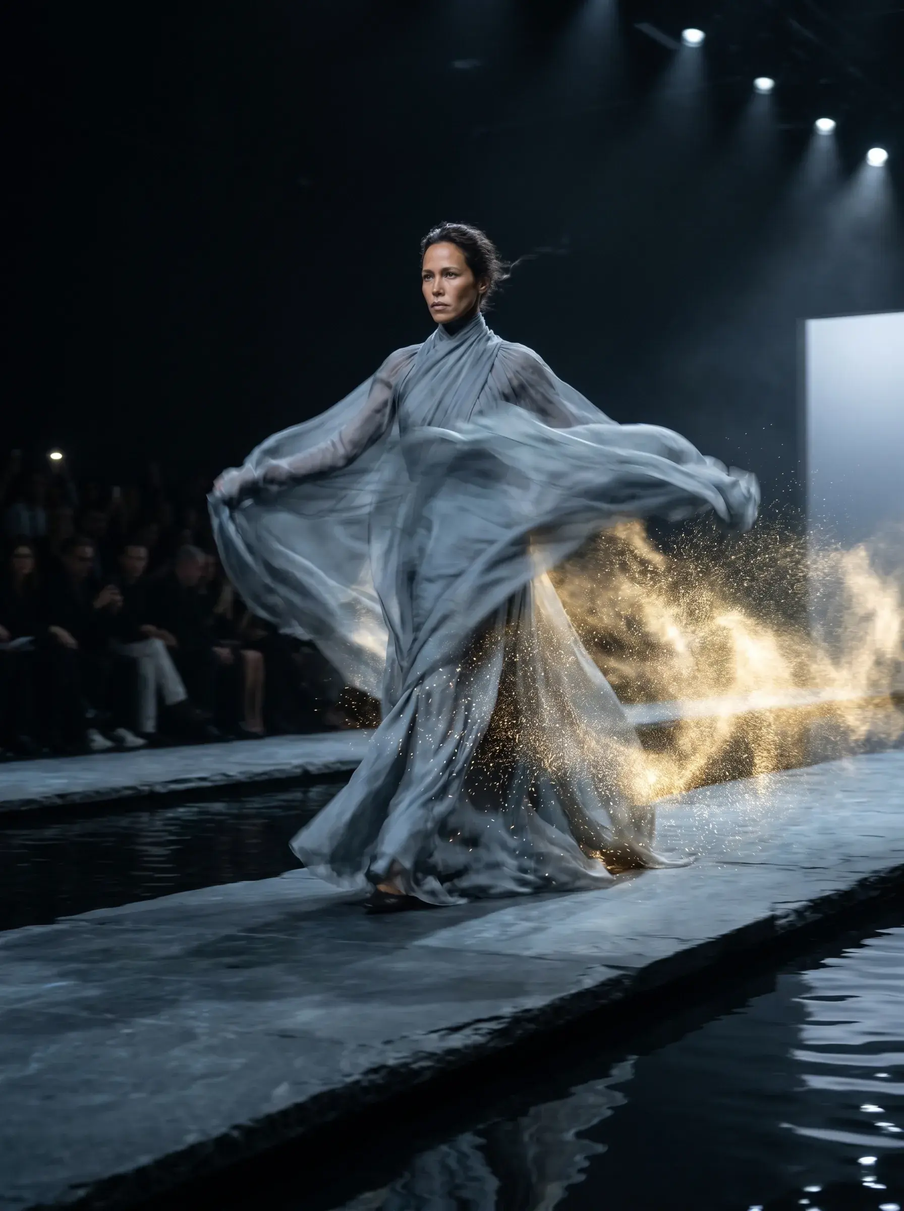Femme sur podium défilé en robe gaze vaporeuse – tourbillon de tissu, éclats lumineux, salle sombre