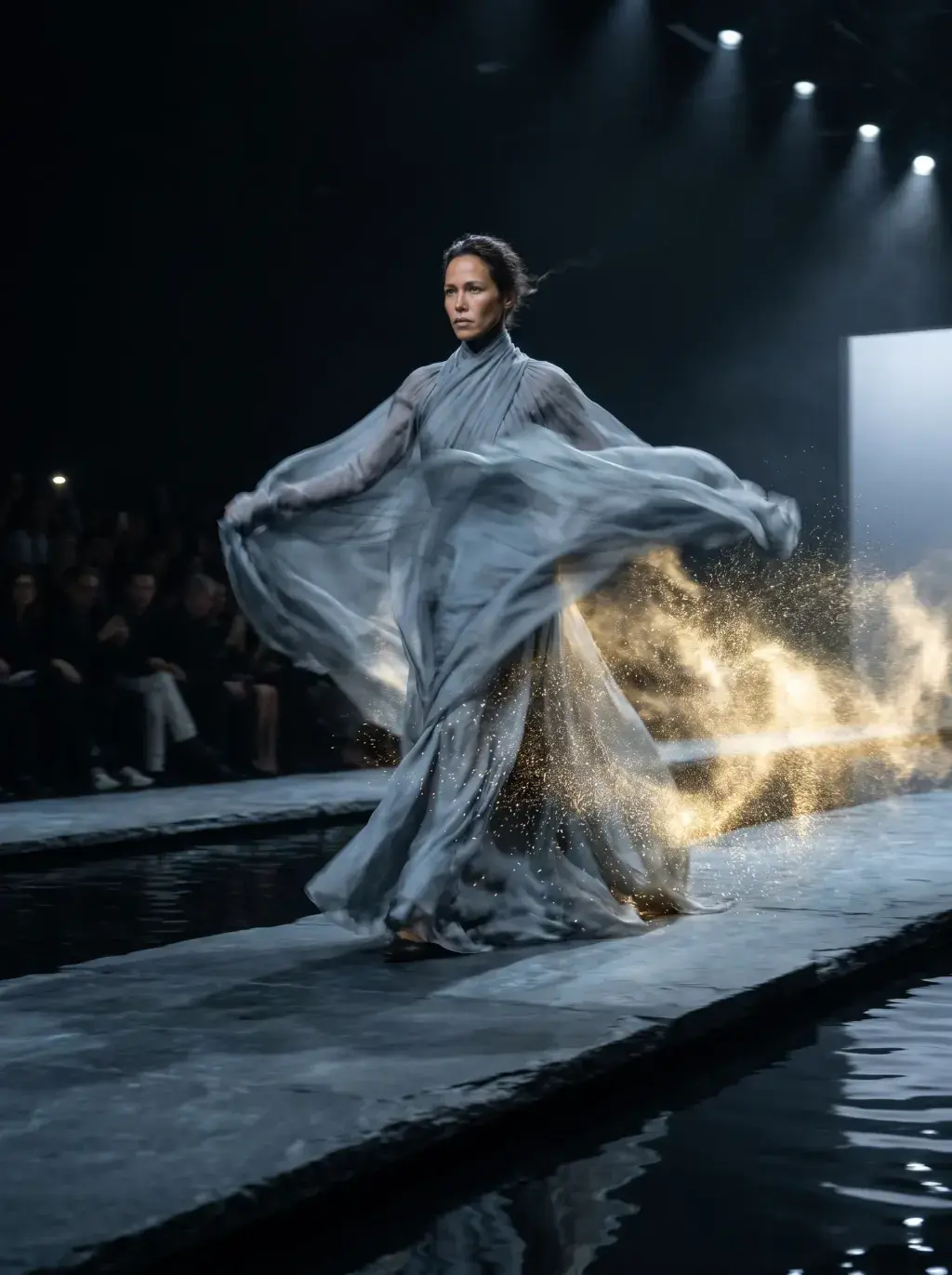 Femme sur podium défilé en robe gaze vaporeuse – tourbillon de tissu, éclats lumineux, salle sombre