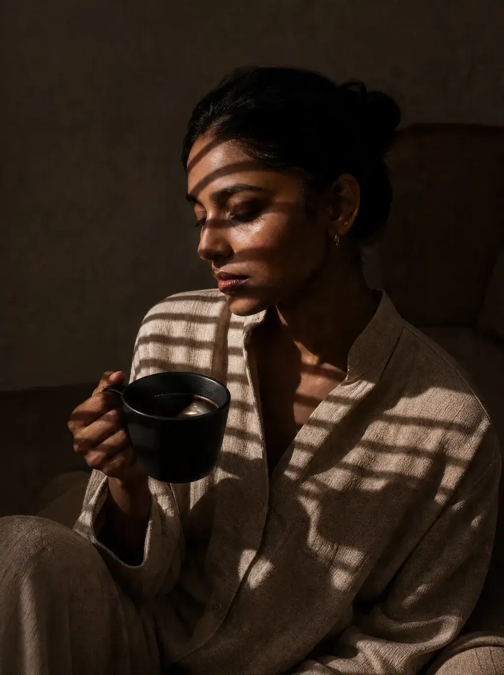 Femme tenant mug café – ombres rayées soleil, portrait intérieur contrasté, chemise lin