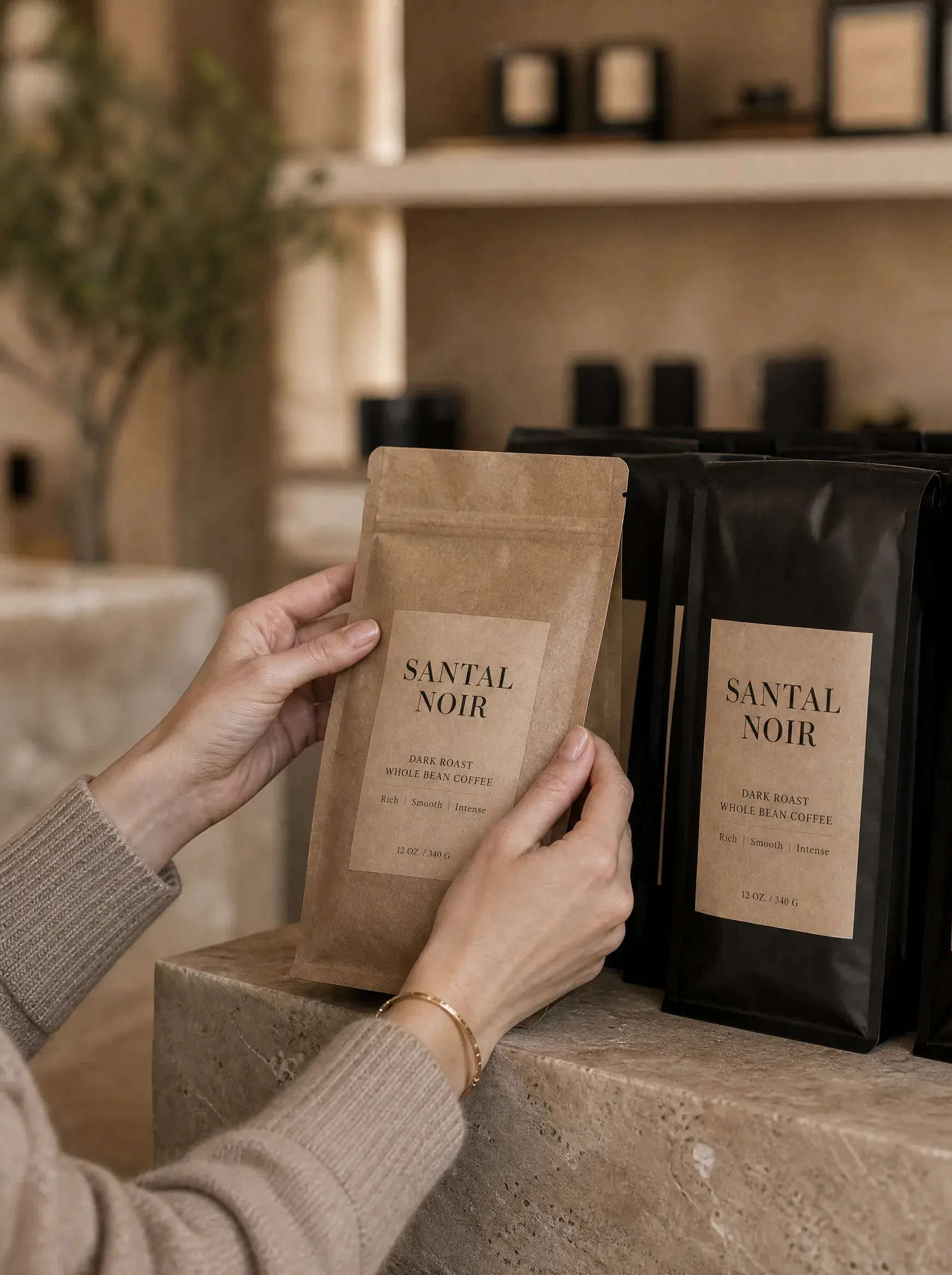 Femme tenant sachet café artisanal kraft en boutique – sachets noirs, plante d'olive, comptoir