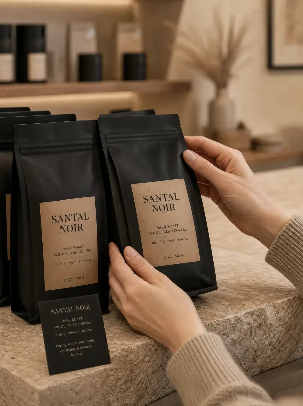Femme tenant sachet café artisanal noir – rangée sachets, étagère boutique, vase, lumière naturelle