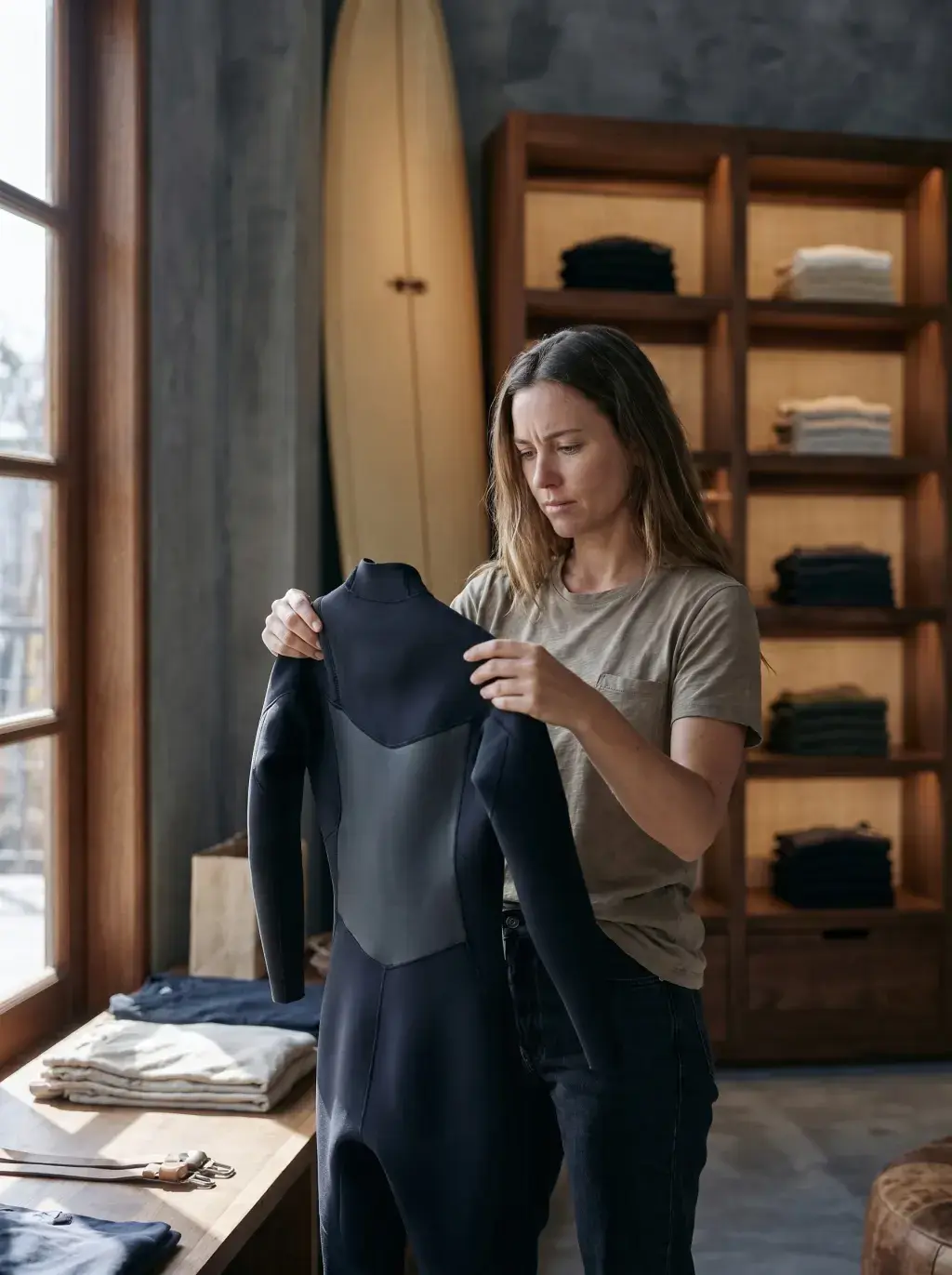 Femme tenant une combinaison de surf noire – boutique surf avec planche et étagères en bois