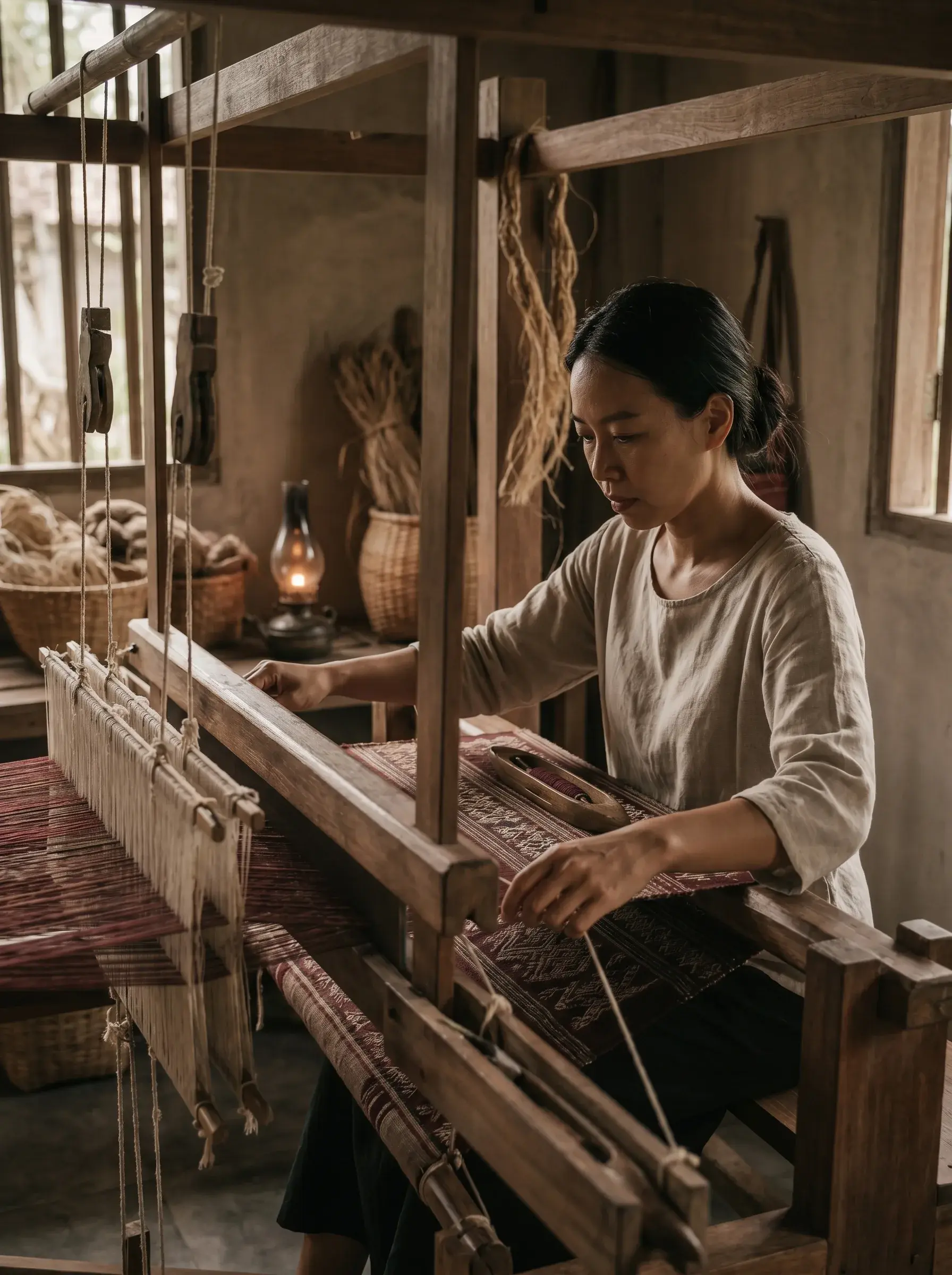 Femme tissant sur un métier à tisser en bois traditionnel dans atelier artisanal sombre, tissu rouge en cours, lampe à huile