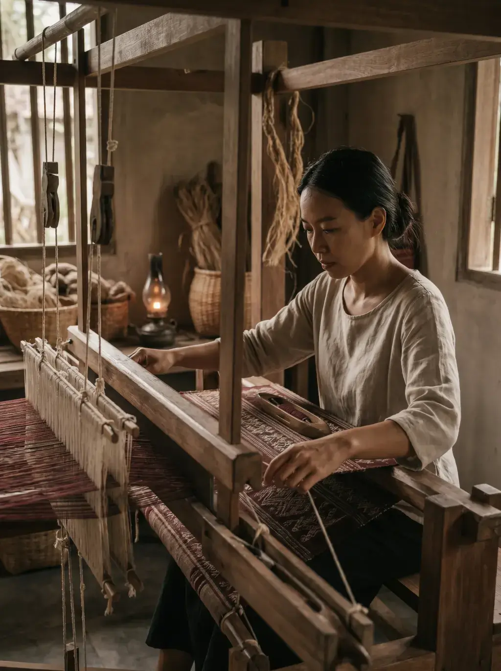Femme tissant sur un métier à tisser en bois traditionnel dans atelier artisanal sombre, tissu rouge en cours, lampe à huile
