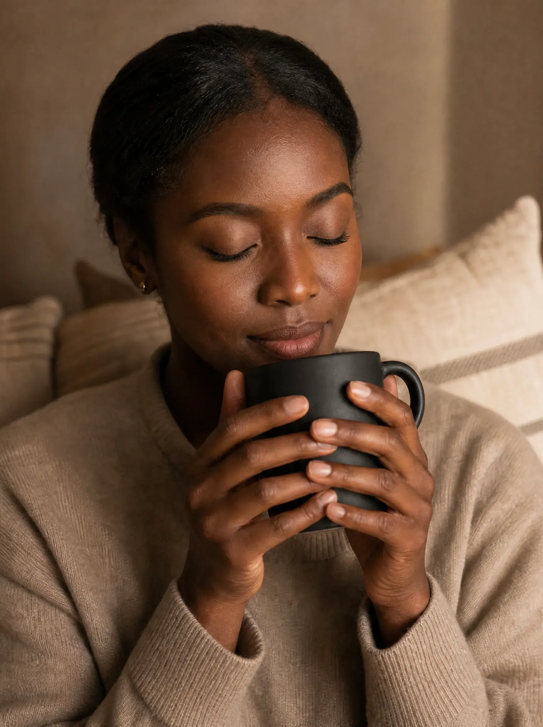 Femme yeux fermés tenant mug noir – portrait intime, canapé, pull beige