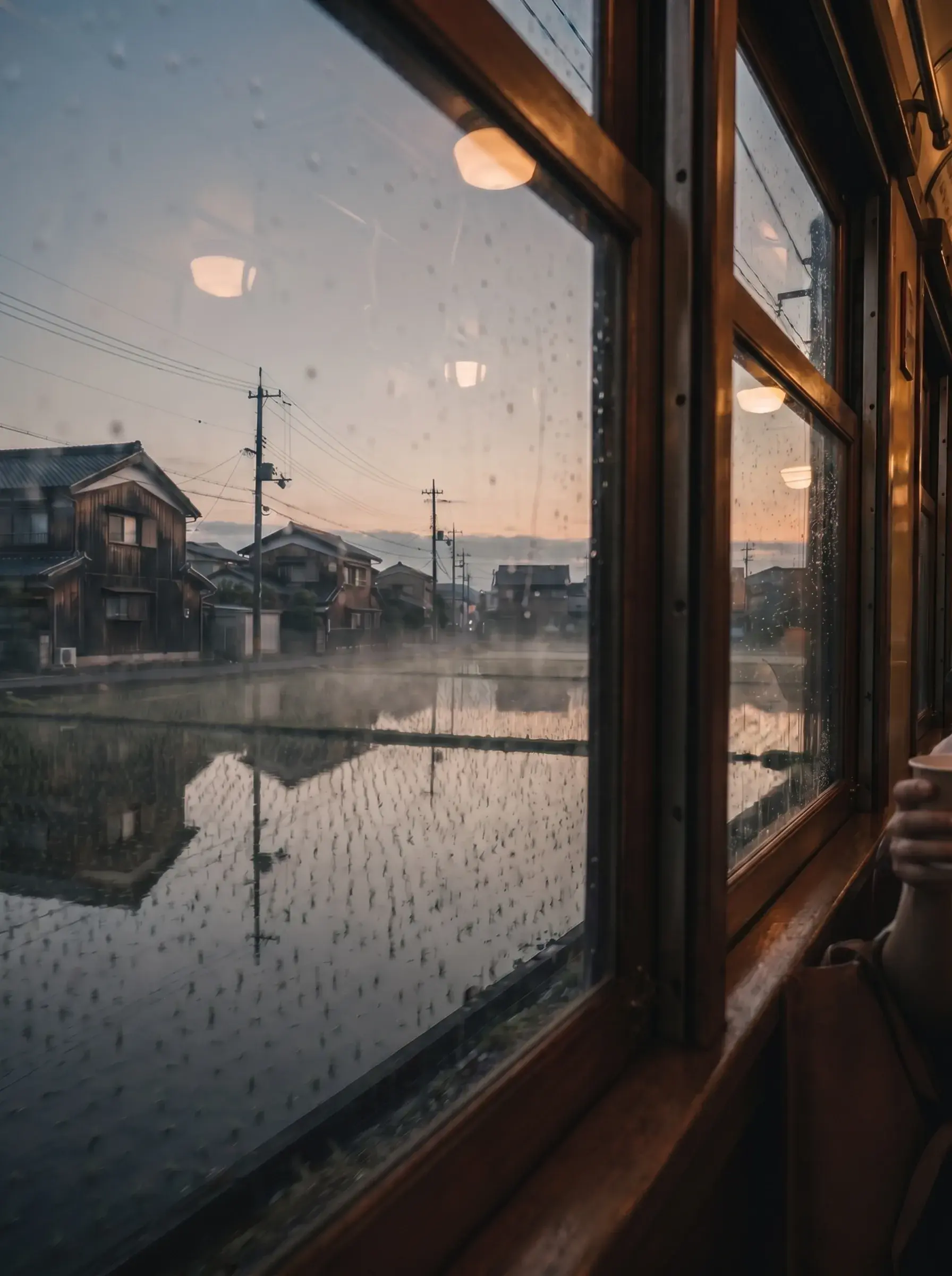 Fenêtre de train avec reflets, village japonais rural, champs de riz en eau et coucher de soleil brumeux