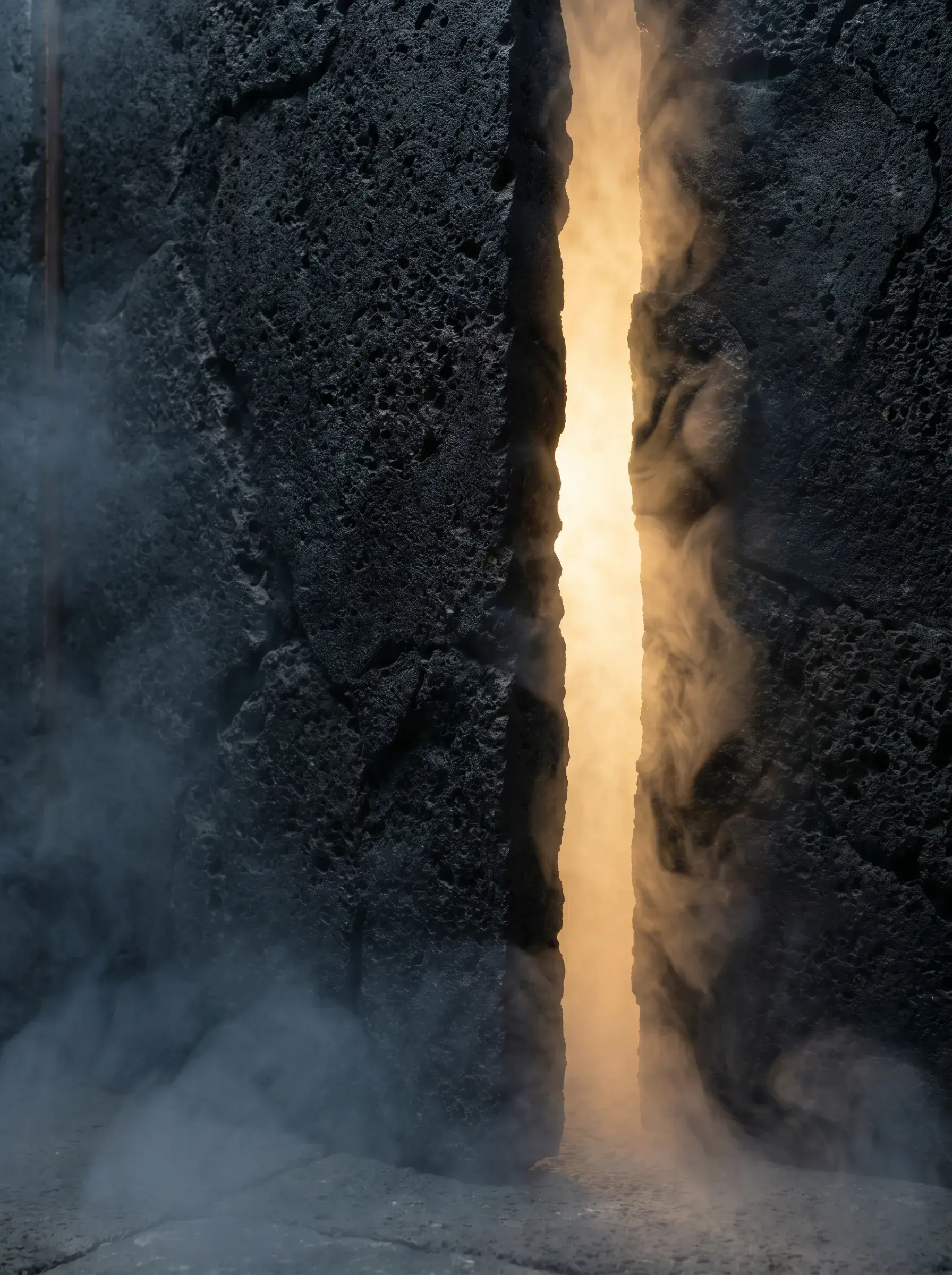 Fissure de lumière dorée dans roche volcanique noire – brume, ambiance dramatique