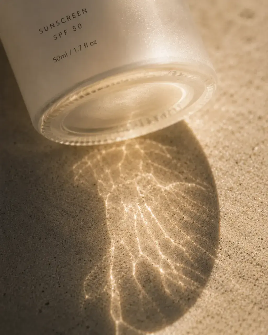 Flacon de crème solaire couché sur sable humide – reflets lumineux aquatiques en dessous