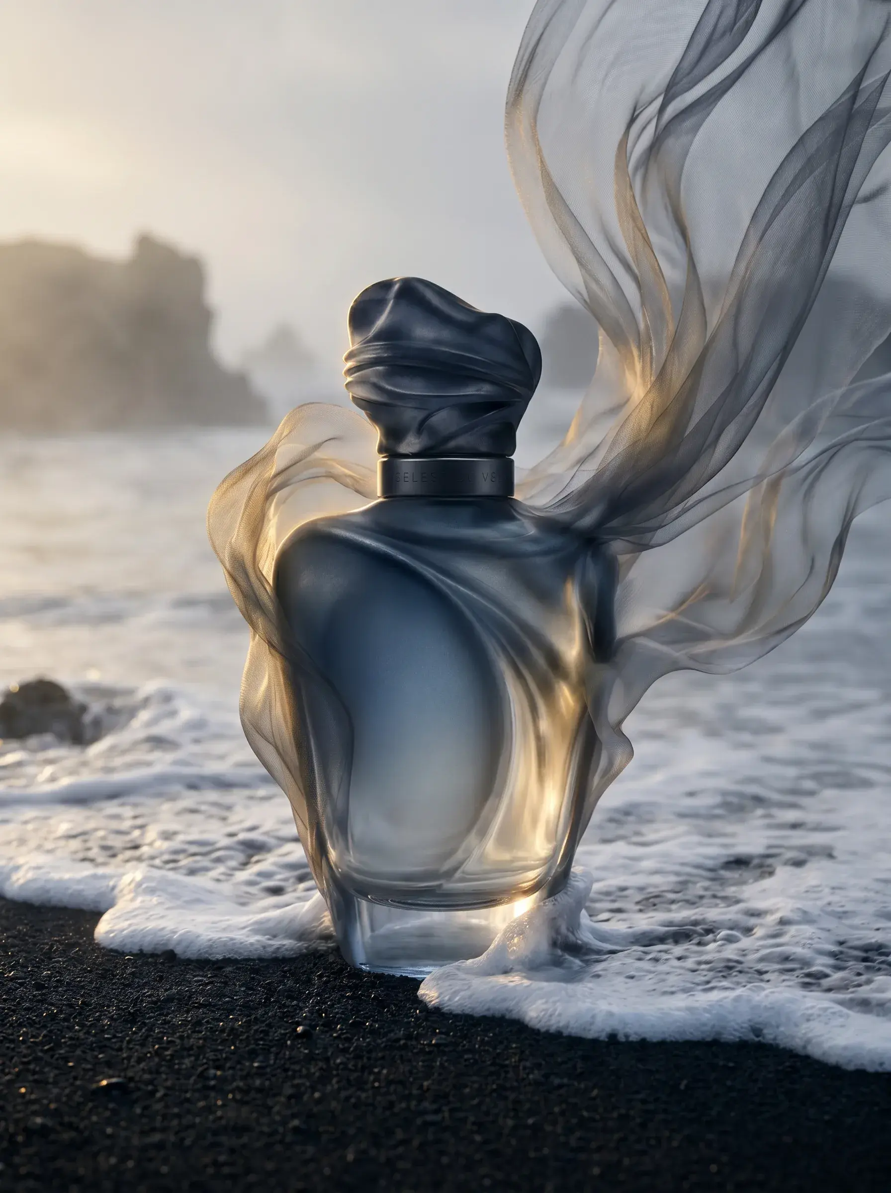 Flacon de parfum bleu-gris sur plage volcanique noire – vague légère, voile doré, brume maritime