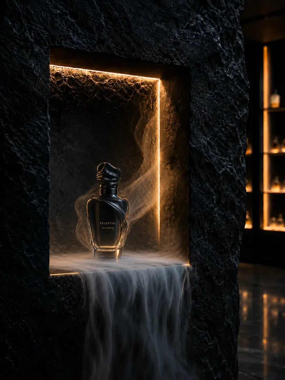 Flacon de parfum Celestial noir dans une niche de pierre sombre éclairée en LED doré avec brume atmosphérique au sol