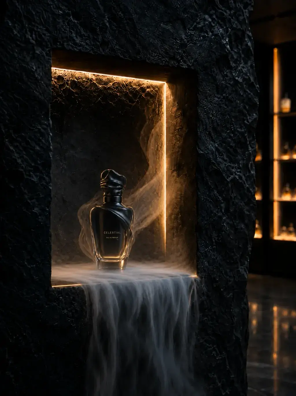 Flacon de parfum Celestial noir dans une niche de pierre sombre éclairée en LED doré avec brume atmosphérique au sol