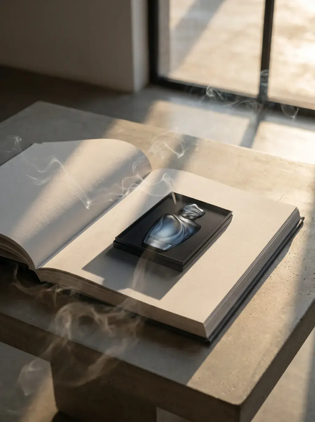 Flacon de parfum dans coffret ardoise sur livre ouvert – table béton, fenêtre, lumière naturelle
