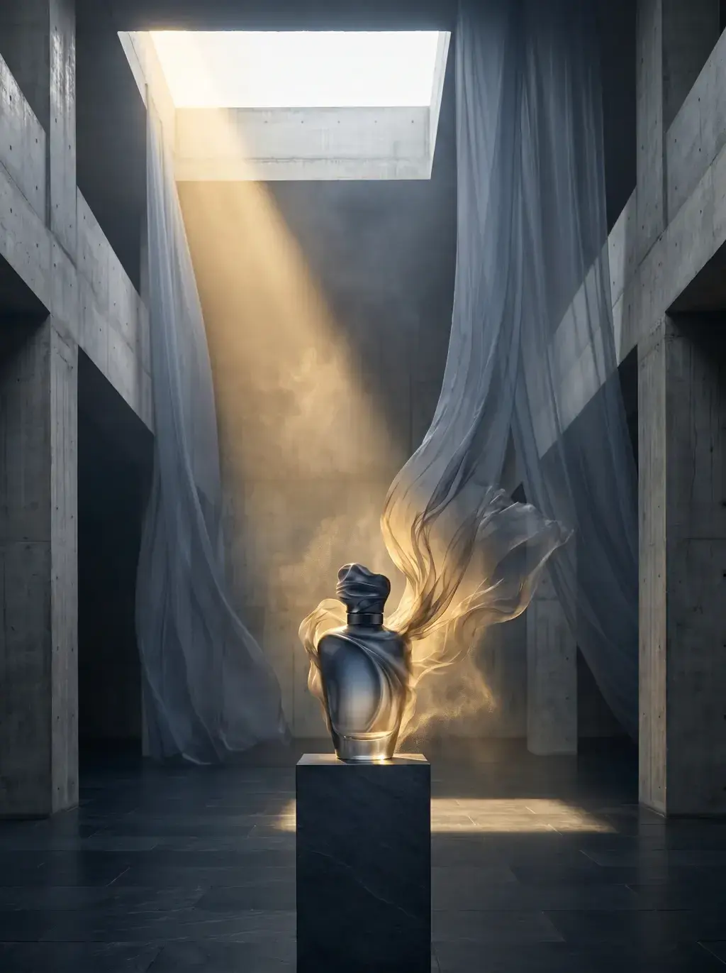 Flacon de parfum dans hall béton – verrière zénithale, voile lumineux, rideaux de gaze, composition épurée