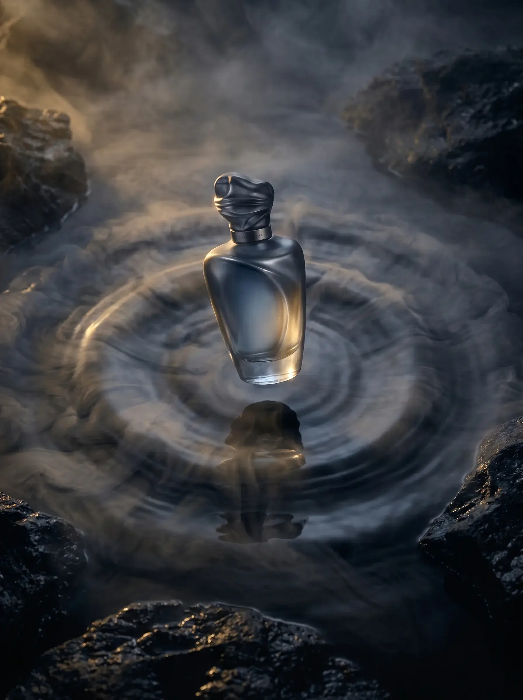 Flacon de parfum en lévitation dans vortex d'eau – roches volcaniques noires, brume, vue plongeante