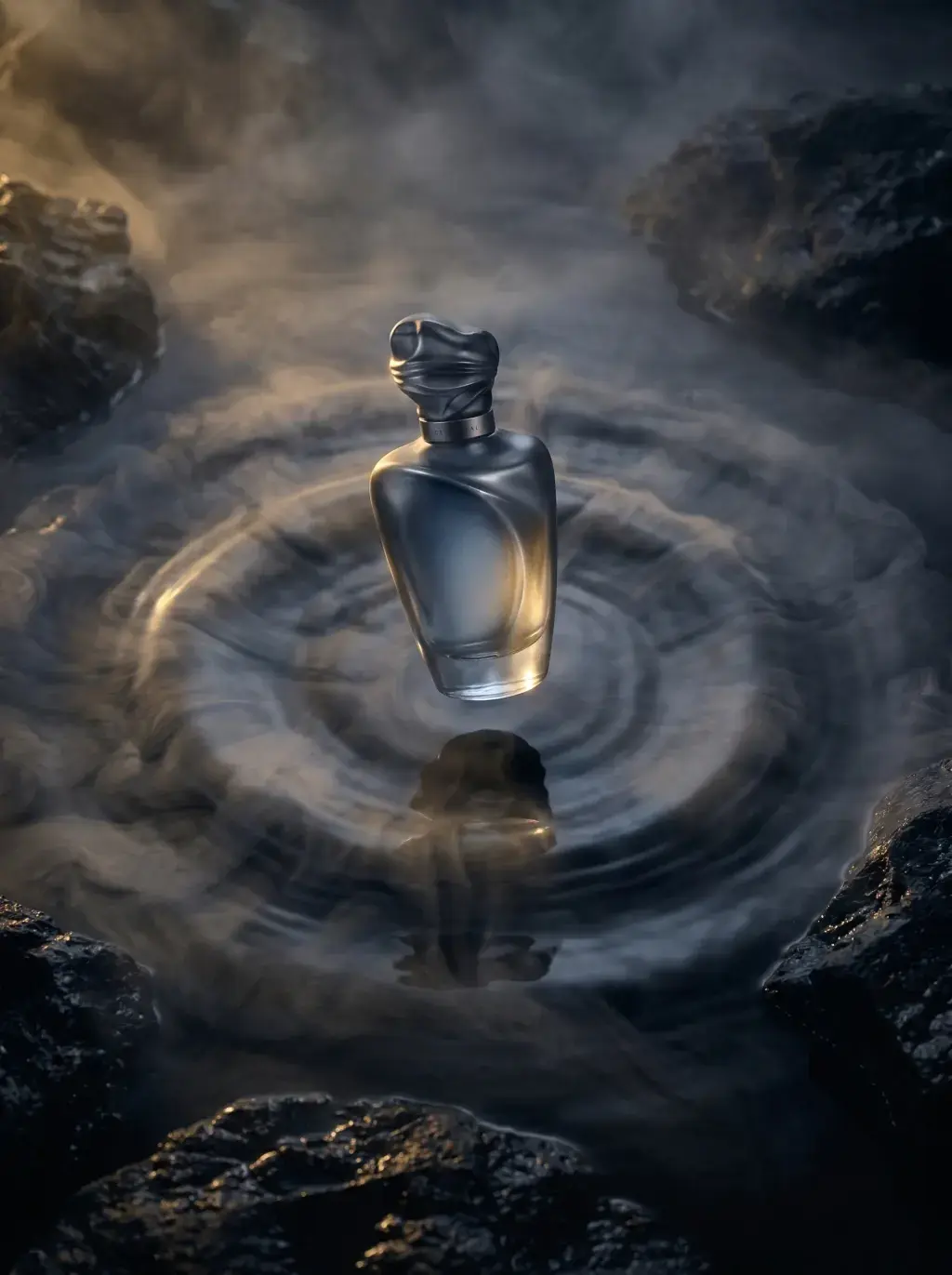 Flacon de parfum en lévitation dans vortex d'eau – roches volcaniques noires, brume, vue plongeante