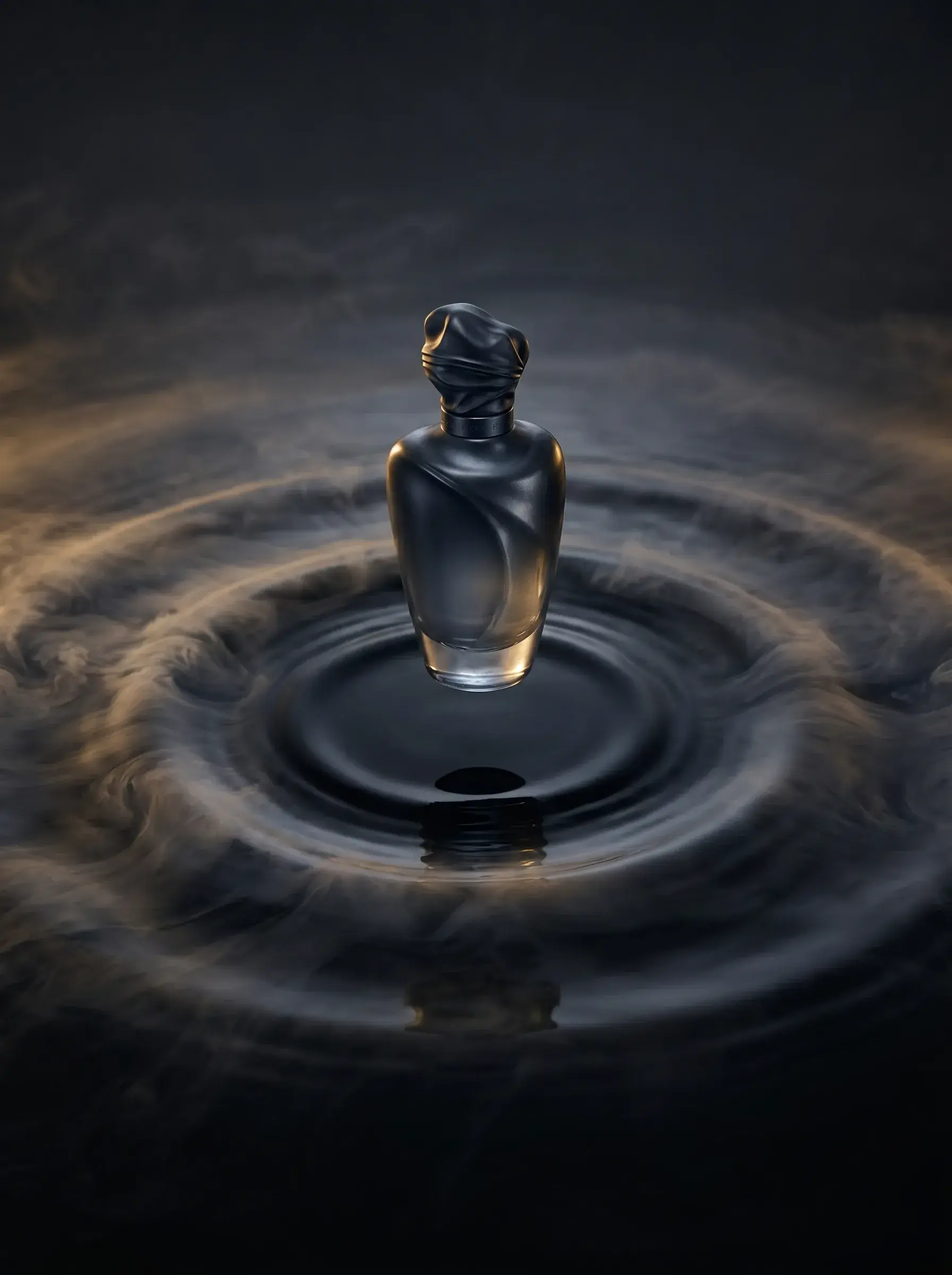 Flacon de parfum noir mat émergeant de tourbillon d'eau sombre – ondes concentriques, fond obscur