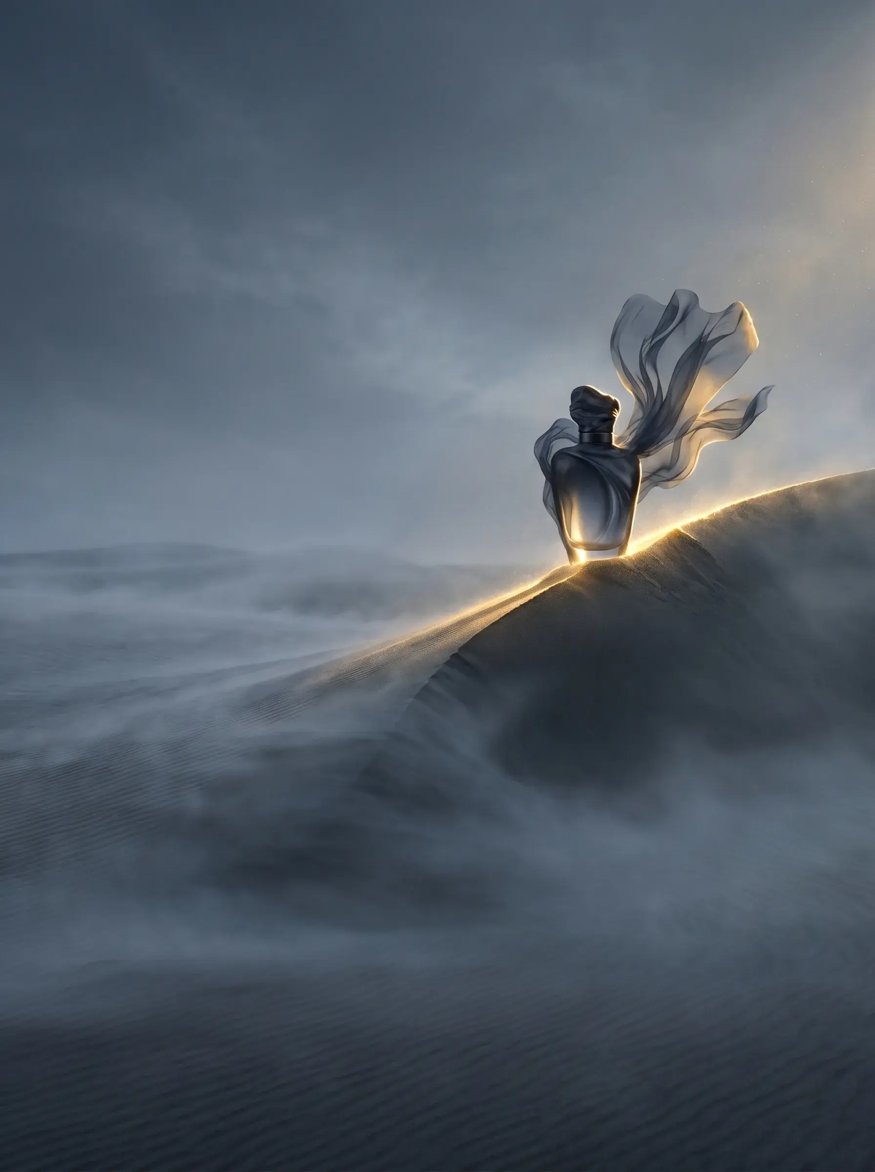 Flacon de parfum sur crête de dune de sable – tempête de sable, brume, ciel dramatique