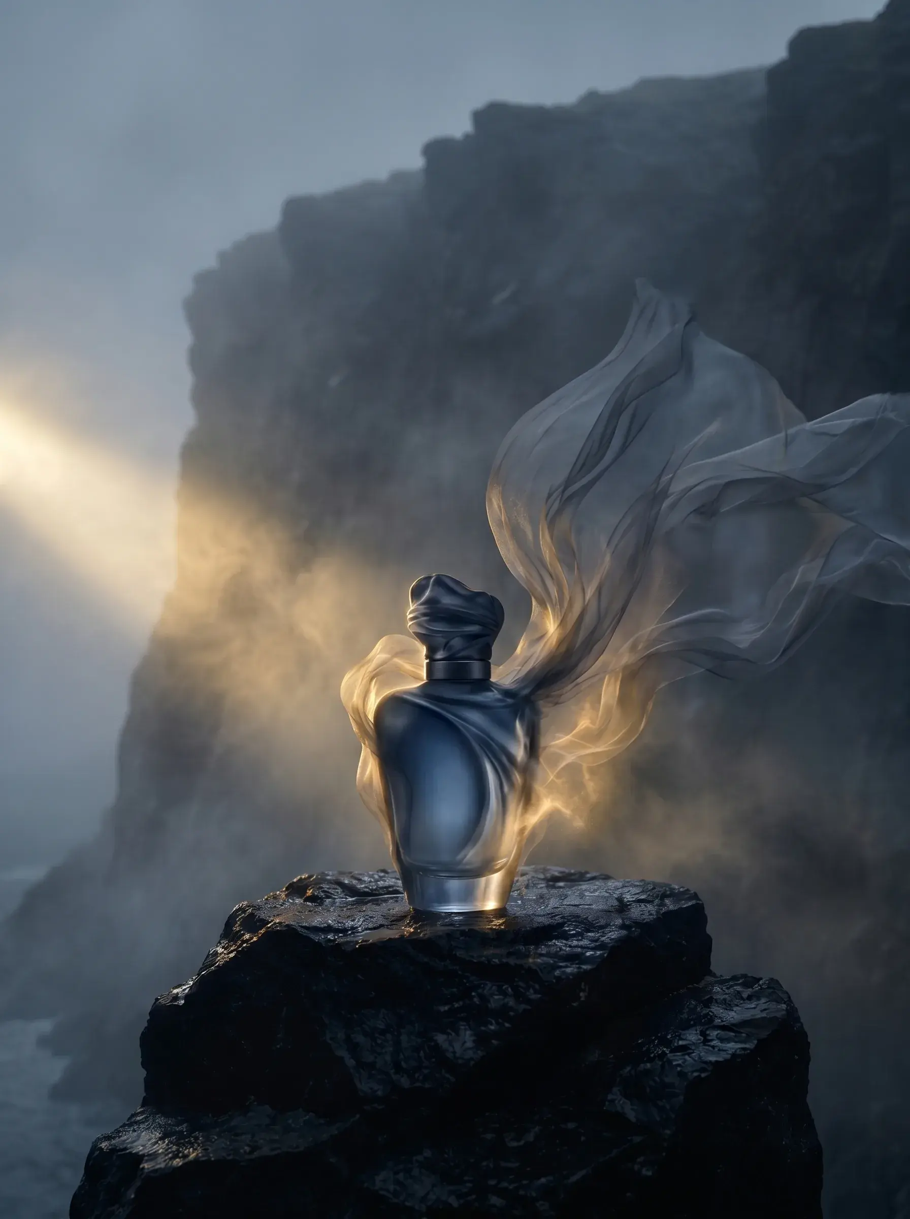 Flacon de parfum sur roche volcanique – rayon de lumière brumeux, voile doré, falaise côtière