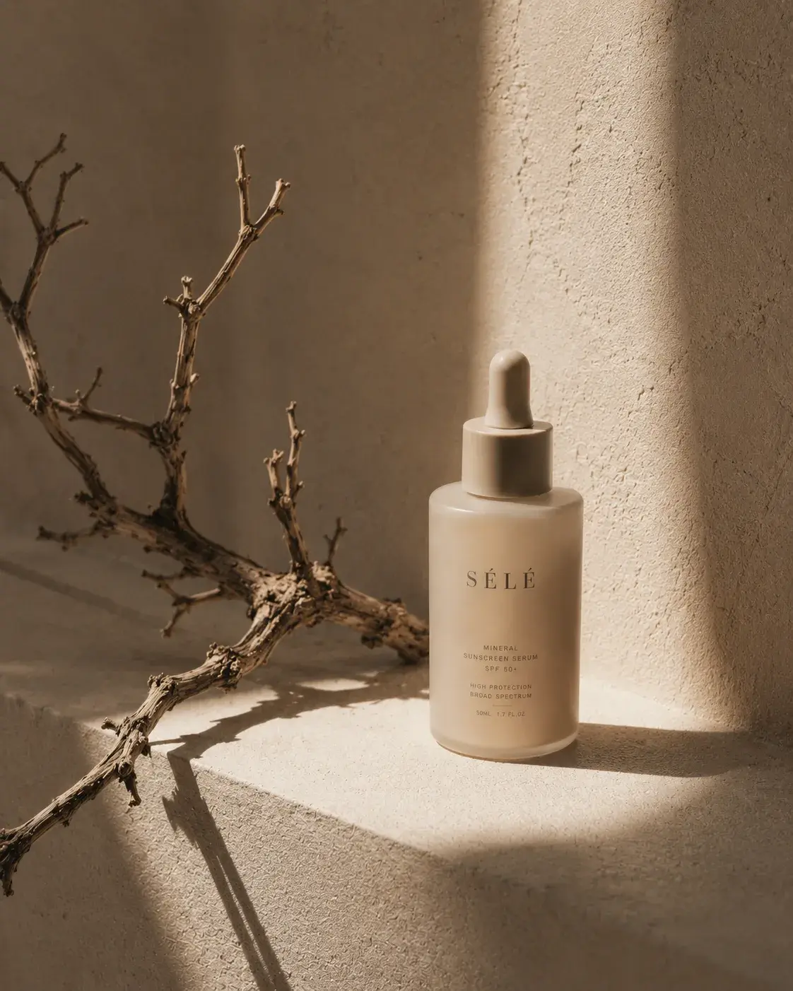 Flacon sérum pipette beige sur rebord en plâtre – branche sèche, lumière rasante, ombre douce