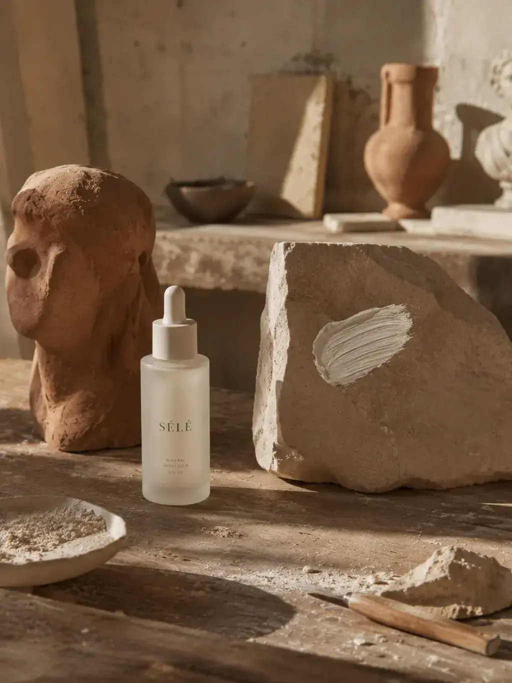 Flacon sérum pipette dans atelier de sculpteur – tête argile, pierre avec trace crème, amphores