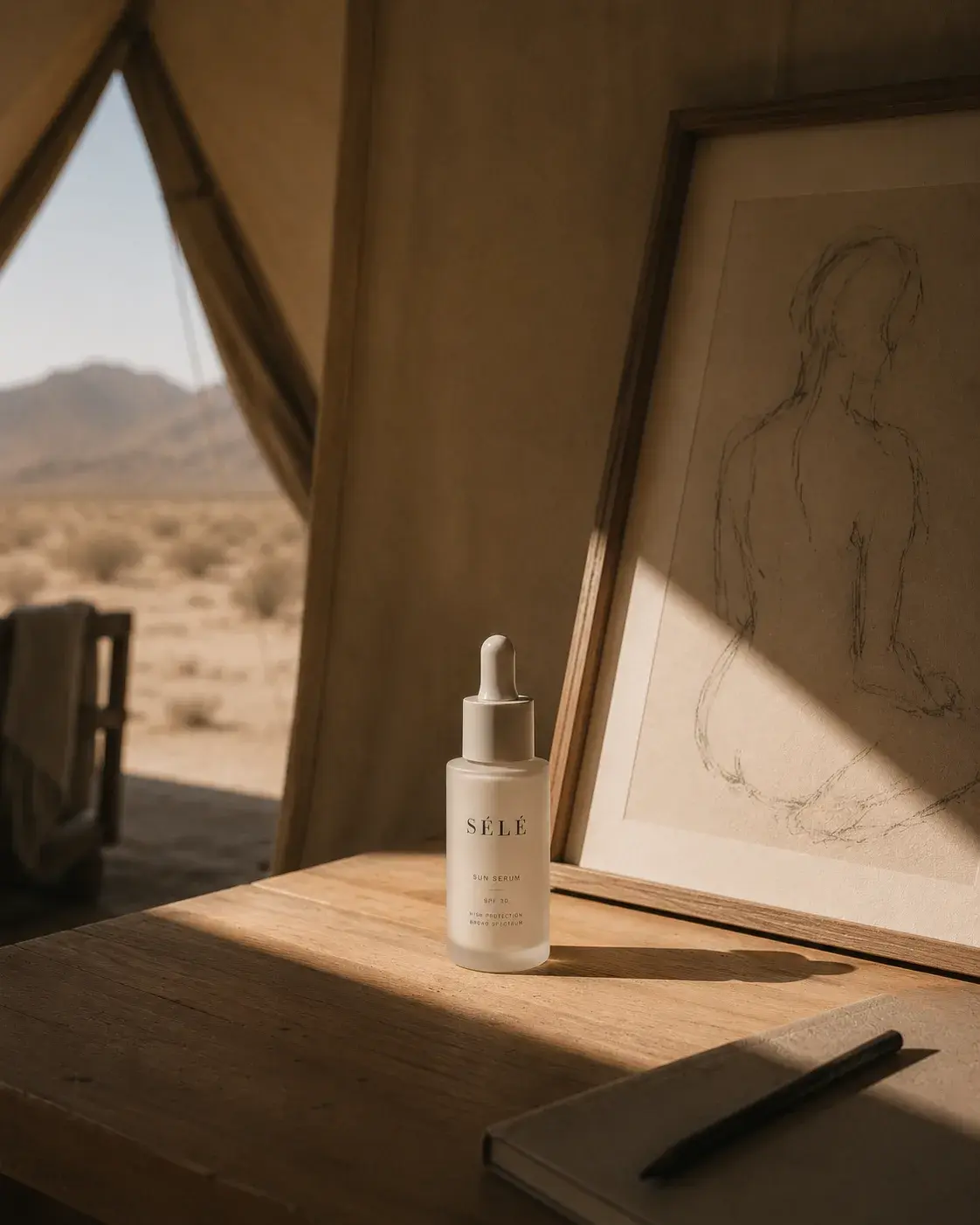 Flacon sérum pipette sur table en bois – intérieur tente glamping et désert en fond