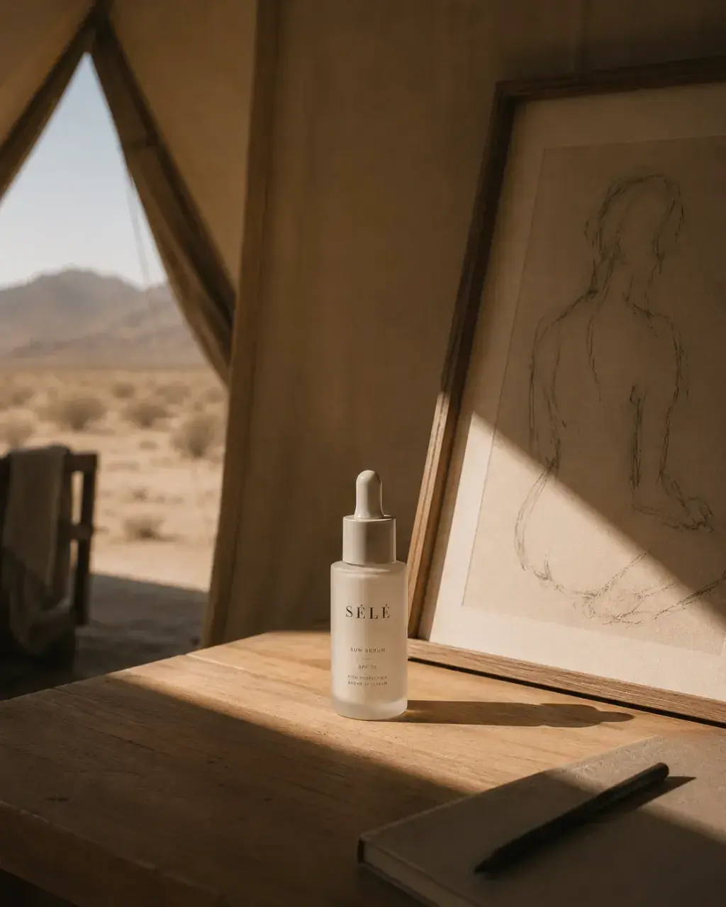 Flacon sérum pipette sur table en bois – intérieur tente glamping et désert en fond