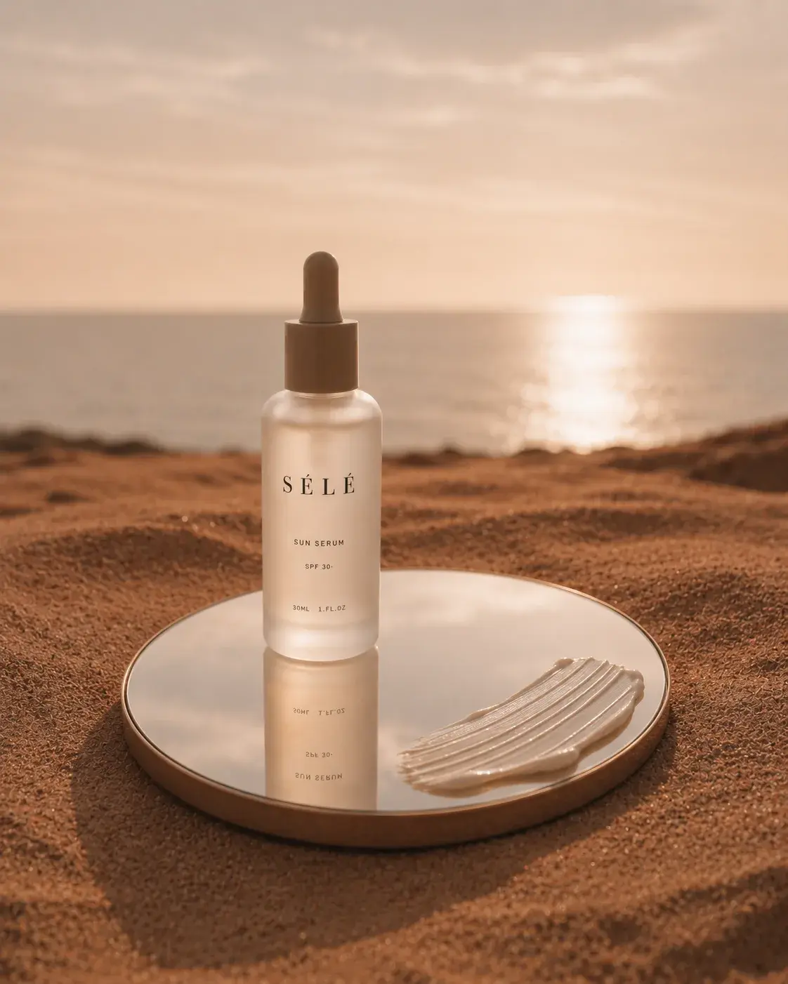 Flacon sérum sur plateau miroir dans les dunes au coucher de soleil – trace crème, orange doré
