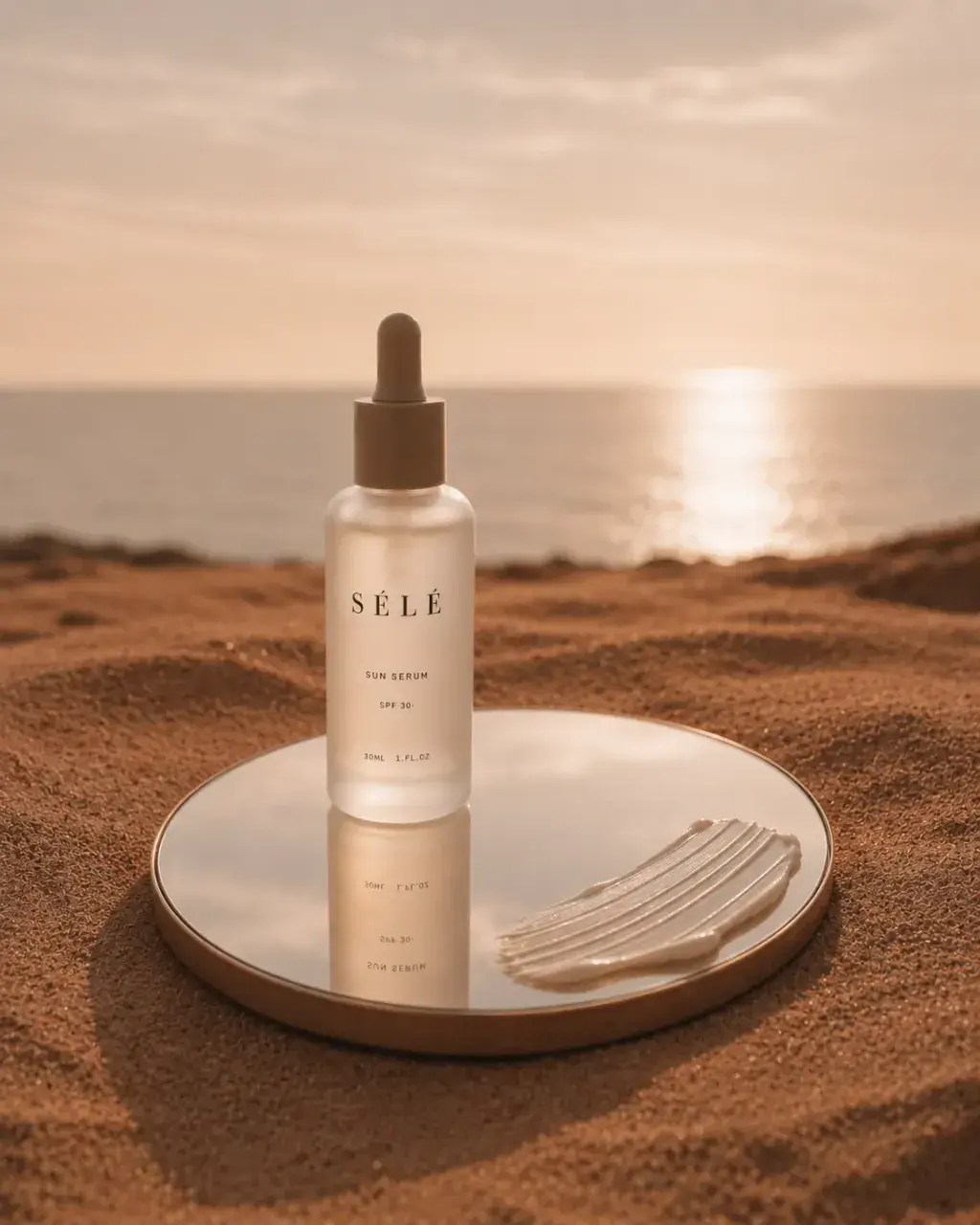 Flacon sérum sur plateau miroir dans les dunes au coucher de soleil – trace crème, orange doré