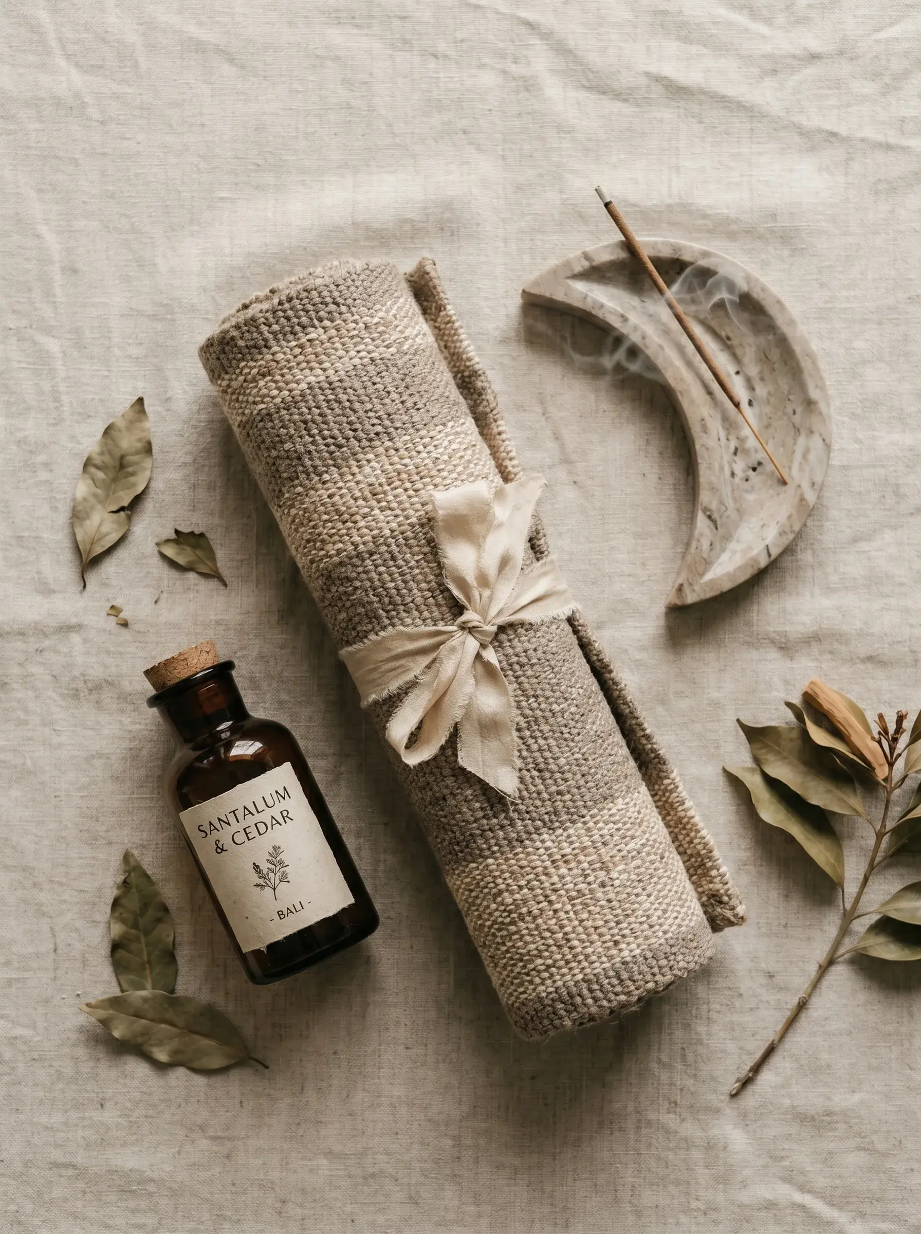 Flat lay bien-être en lin naturel – huile essentielle, encens, pierre naturelle, rouleau yoga, slow living