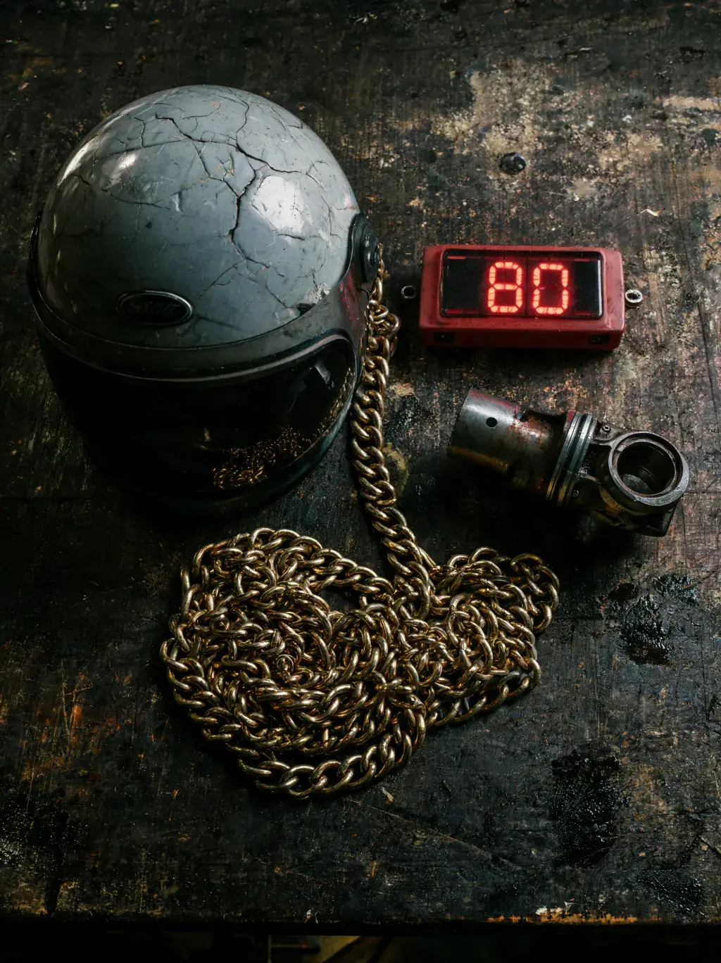 Flat lay d'un casque moto craquelé, chaîne dorée, afficheur rouge 80 et piston sur établi