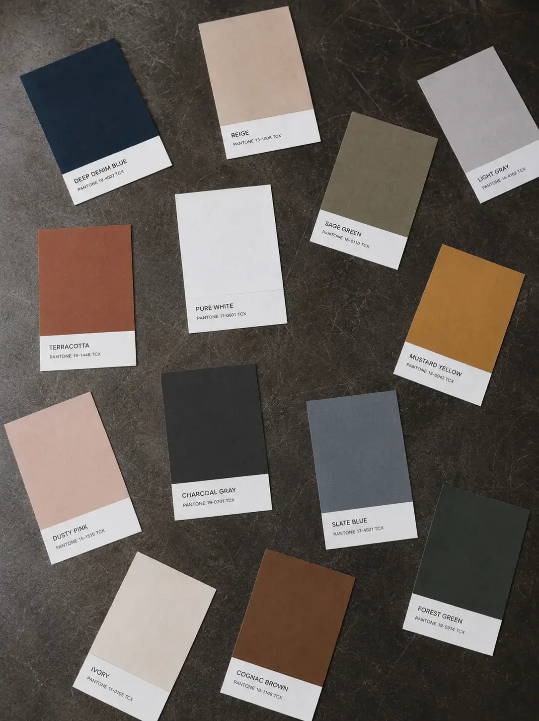 Flat lay de collection de swatches Pantone sur fond béton sombre — Deep Denim Blue, Terracotta, Sage Green, Mustard Yellow et autres
