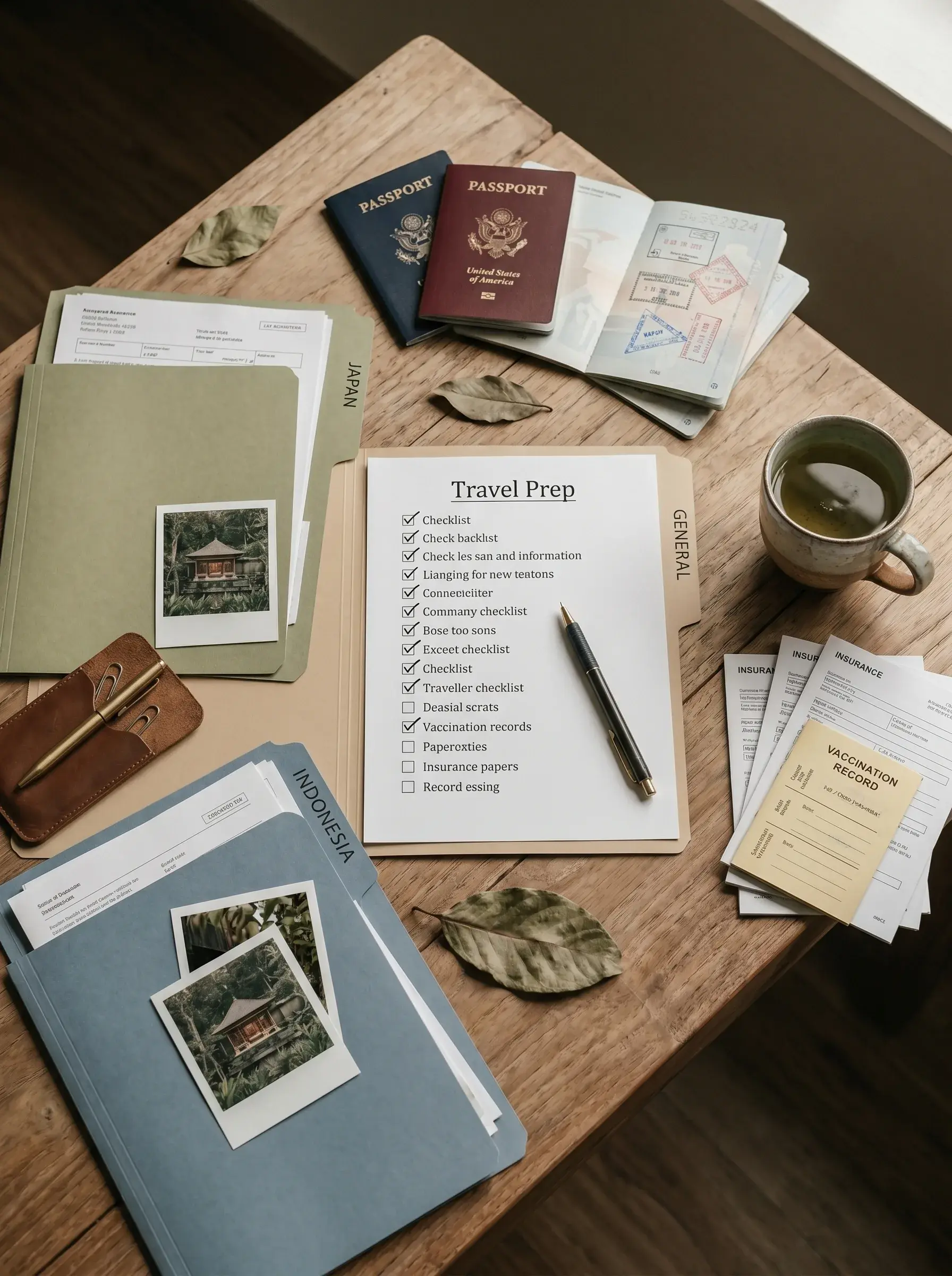 Flat lay de préparation voyage : passeports tamponnés, liste Travel Prep, dossiers Indonesia, carnets cuir, polaroids et assurance