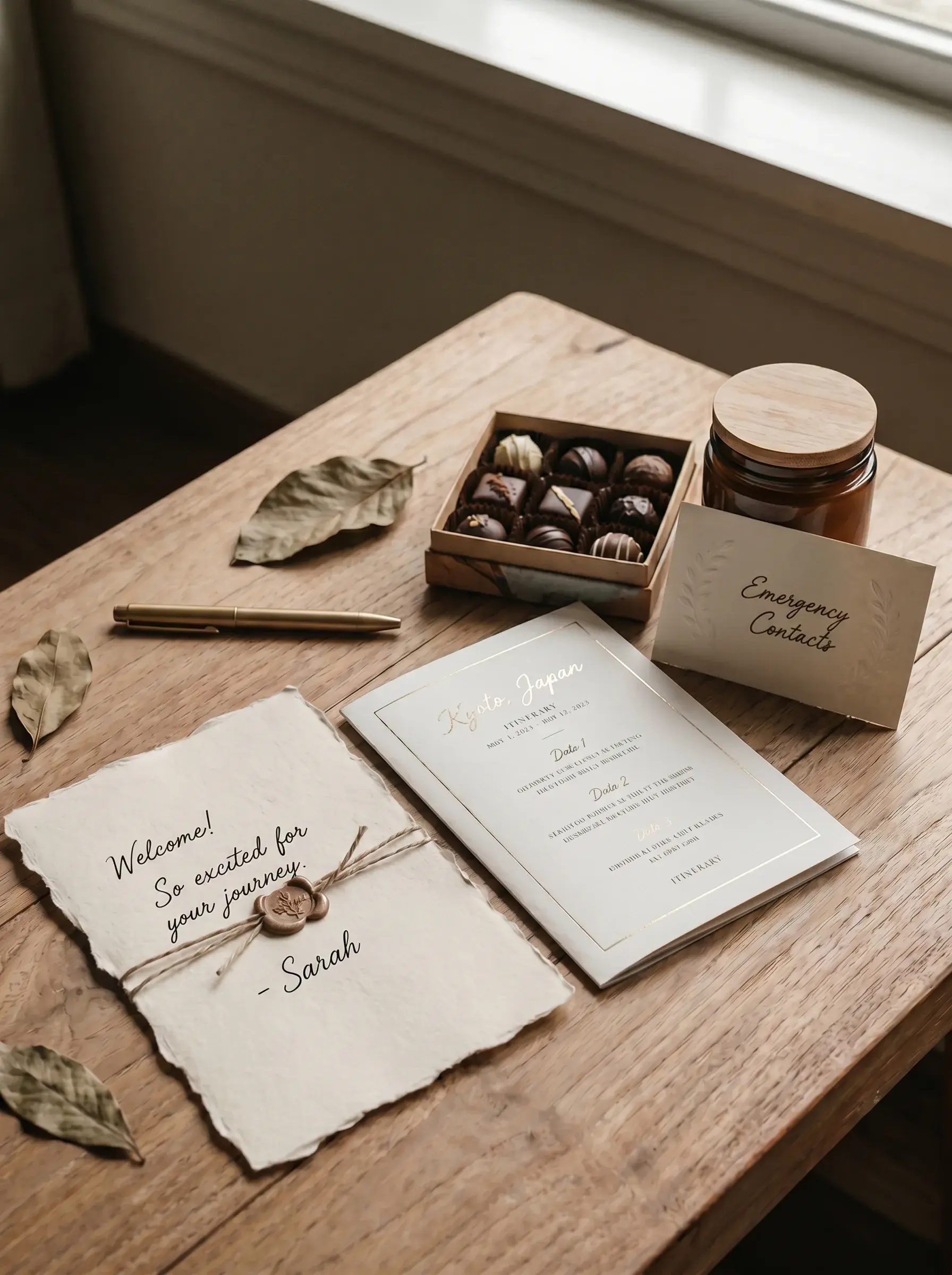 Flat lay de welcome pack d'agence de voyage sur table bois : lettre de bienvenue manuscrite, guide Ride Japan, boîte de chocolats, carnet urgences